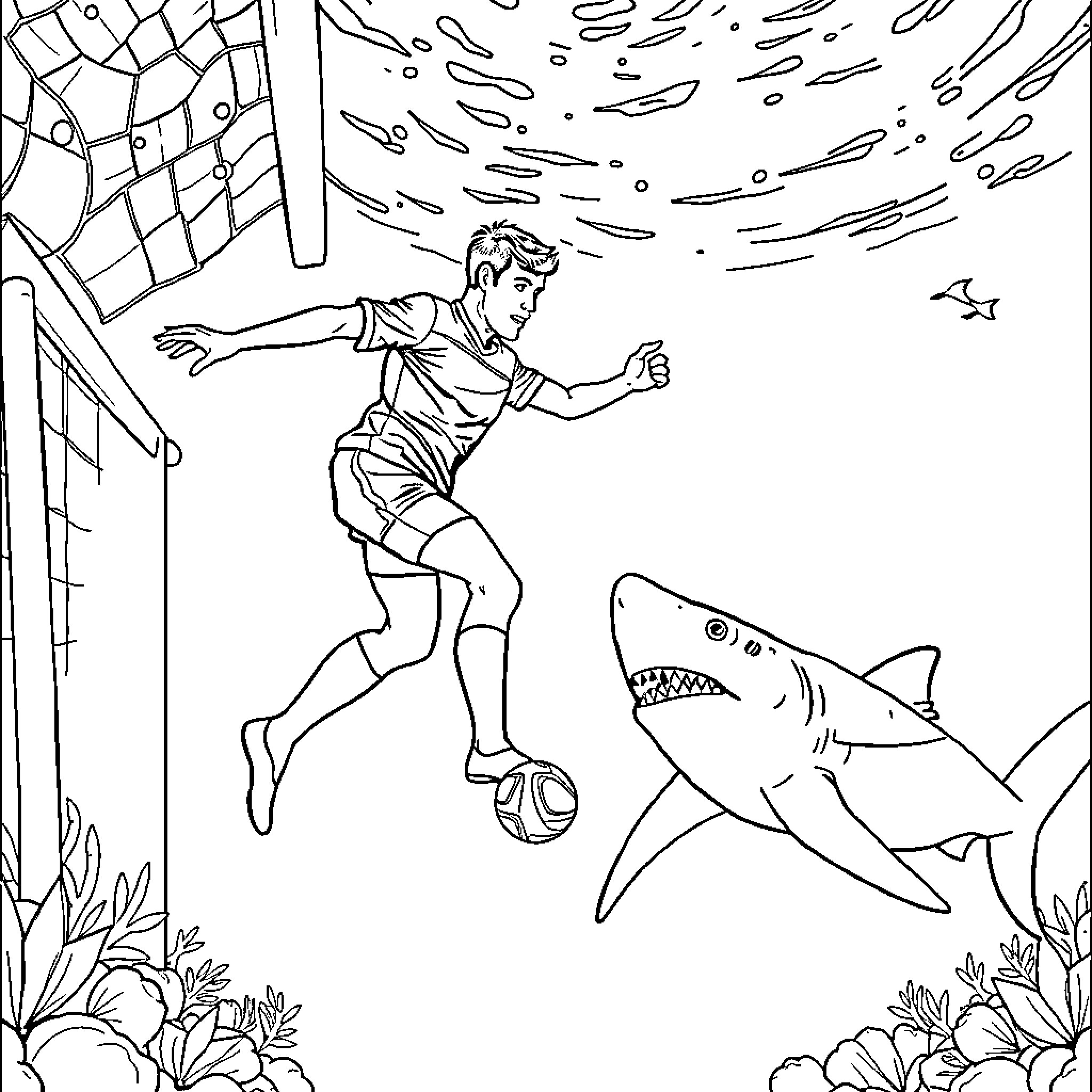 Rugby Player Escaping a Shark Attack in Underwater Adventure Coloring Page (free black-and-white line drawing printable PDF for all, from beginners to advanced learners, including children, teens, adults, and seniors)