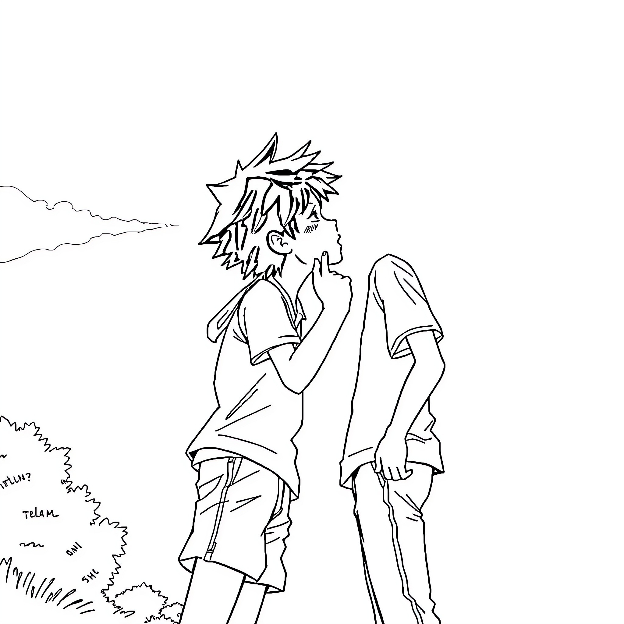 Deku in contemplative pose against nature backdrop Coloring Page (free black-and-white line drawing printable PDF for all, from beginners to advanced learners, including children, teens, adults, and seniors)