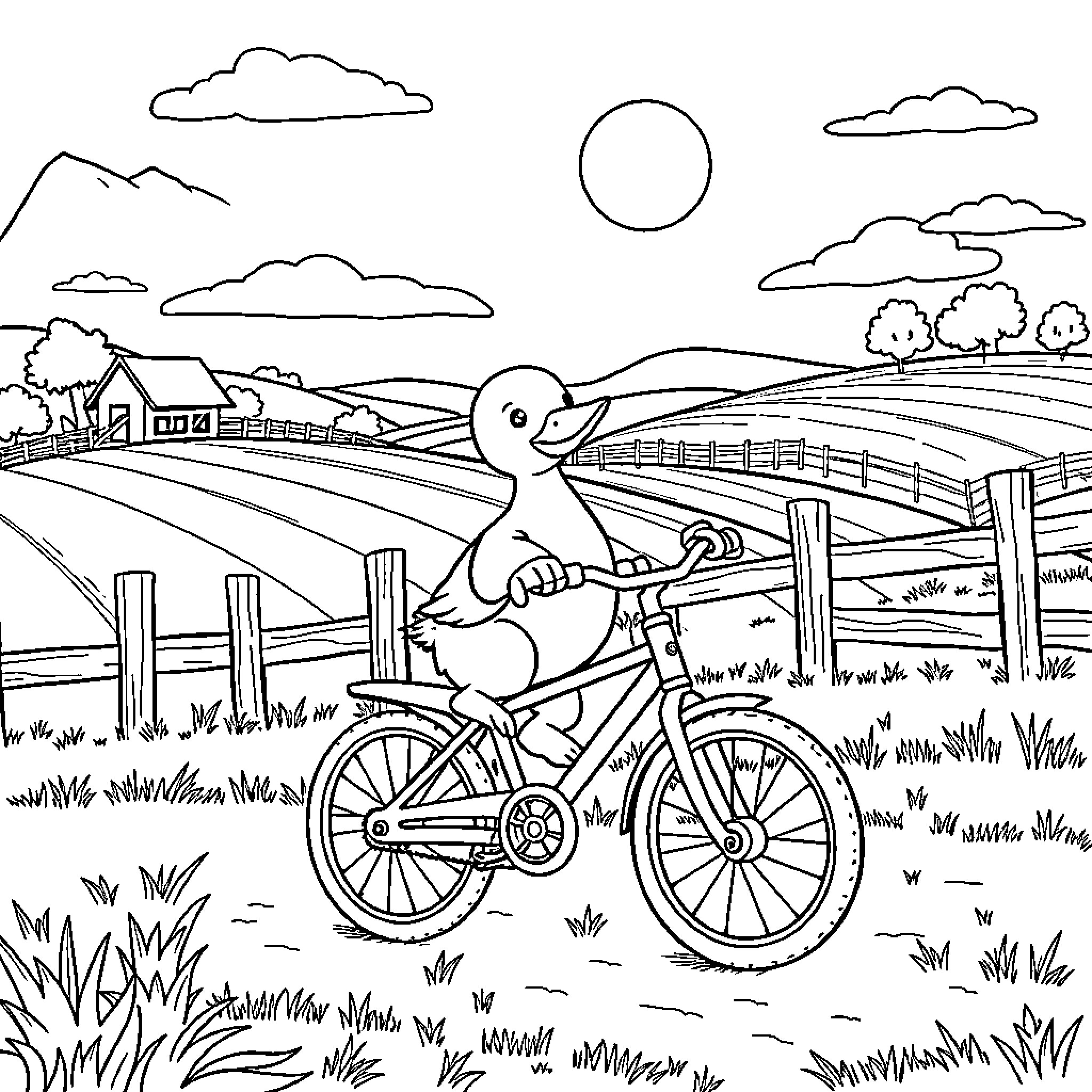 Duck riding a bicycle in the countryside Coloring Page (free black-and-white line drawing printable PDF for all, from beginners to advanced learners, including children, teens, adults, and seniors)