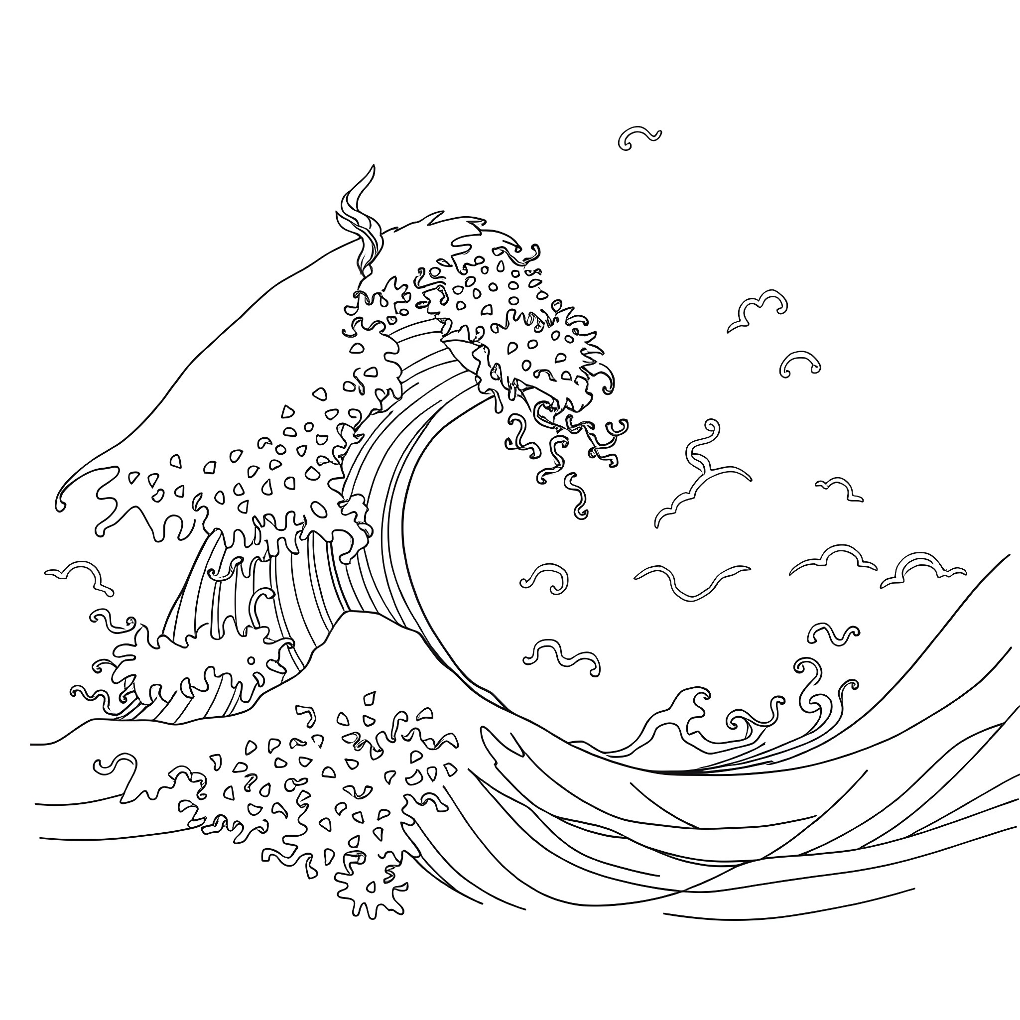Mishipeshu's Wavy Wonderland Coloring Page (free black-and-white line drawing printable PDF for all, from beginners to advanced learners, including children, teens, adults, and seniors)