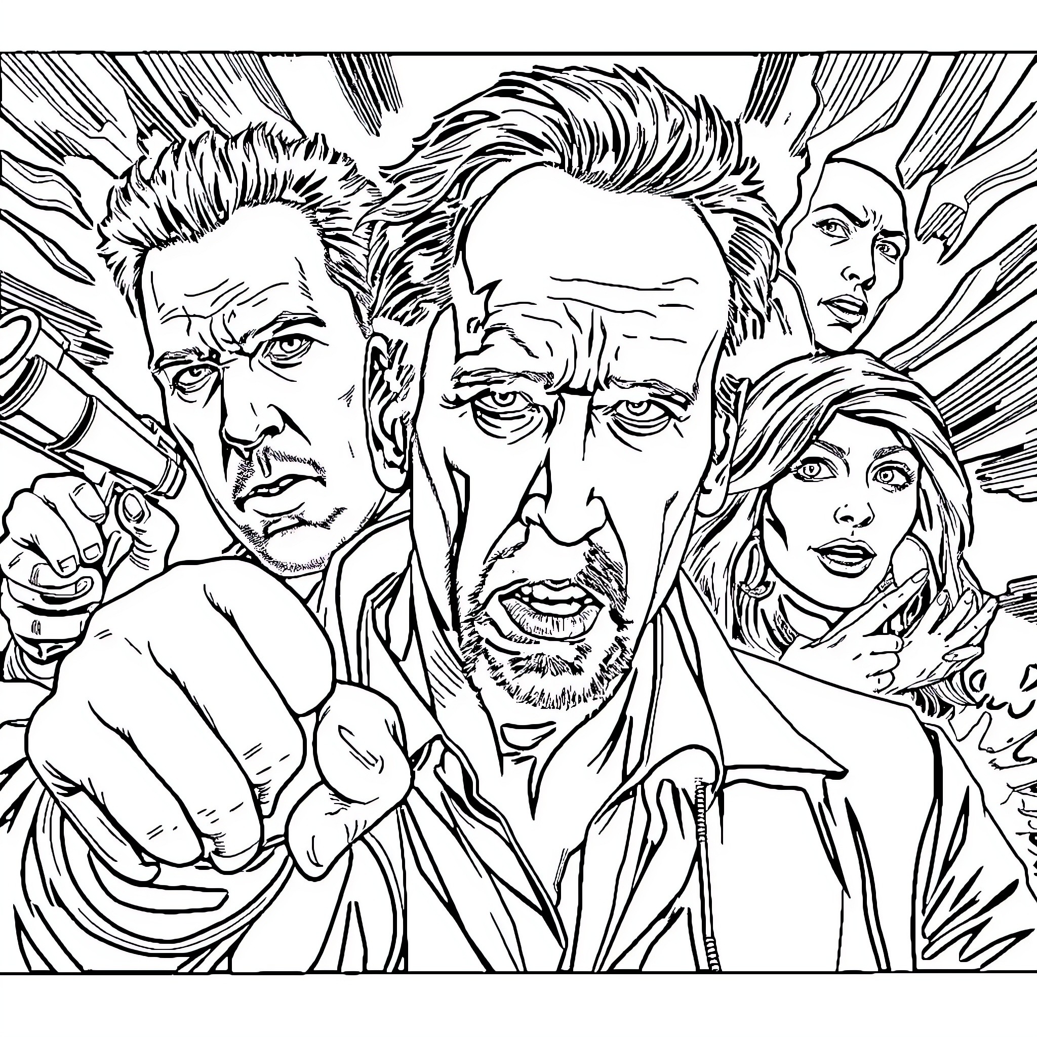 Nicholas Cage in action-packed comic book style Coloring Page (free black-and-white line drawing printable PDF for all, from beginners to advanced learners, including children, teens, adults, and seniors)