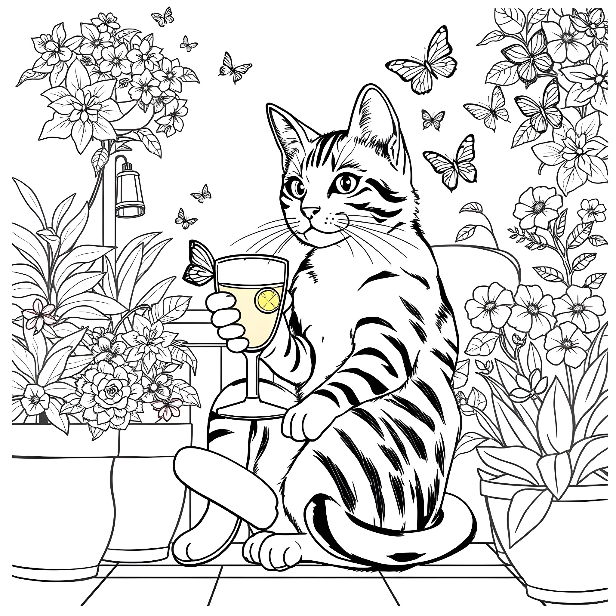 Cat enjoying a glass of wine in a floral garden Coloring Page (free black-and-white line drawing printable PDF for all, from beginners to advanced learners, including children, teens, adults, and seniors)