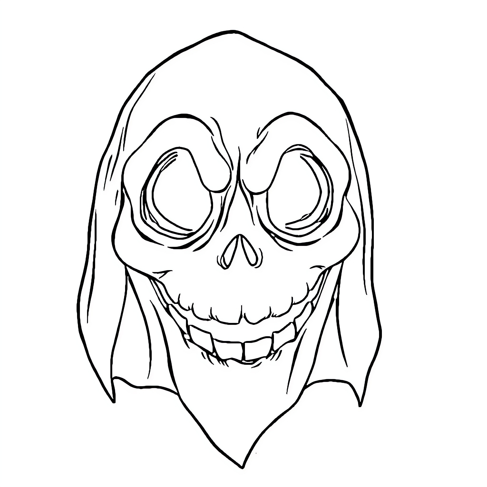 Ghost skull with sinister grin and hooded cloak Coloring Page (free black-and-white line drawing printable PDF for all, from beginners to advanced learners, including children, teens, adults, and seniors)