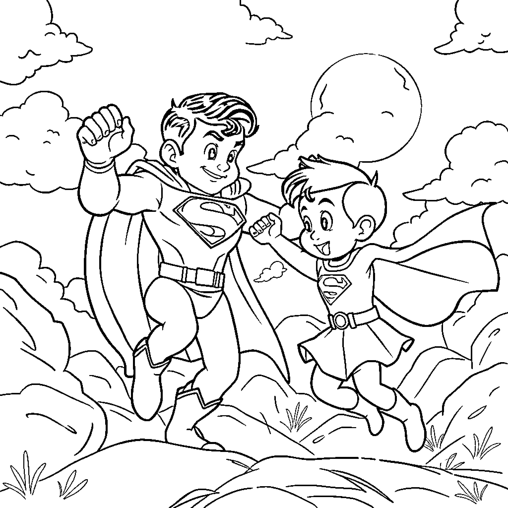 Chota Bheem and Superman flying together in the clouds Coloring Page (free black-and-white line drawing printable PDF for all, from beginners to advanced learners, including children, teens, adults, and seniors)