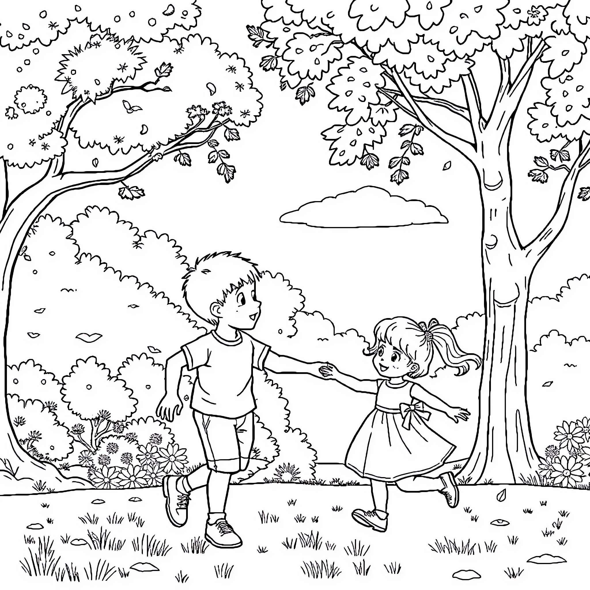 Boy and girl playing together in the park Coloring Page (free black-and-white line drawing printable PDF for all, from beginners to advanced learners, including children, teens, adults, and seniors)