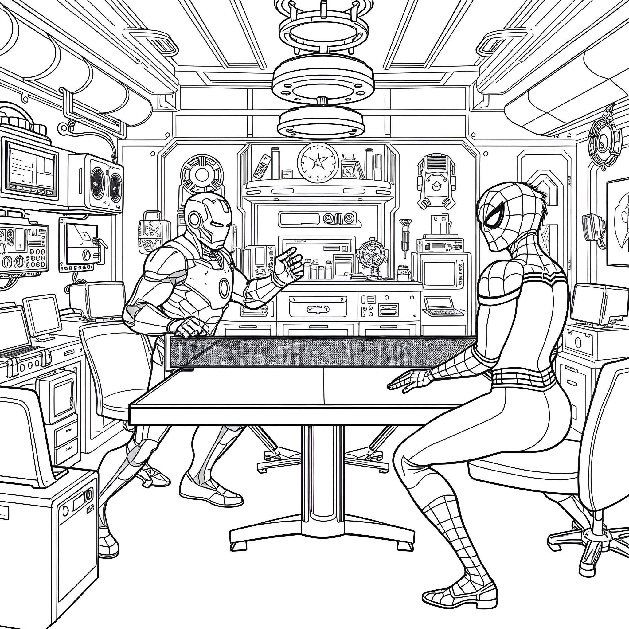 Iron Man and Spider-Man in a Futuristic Tech Lab Coloring Page (free black-and-white line drawing printable PDF for all, from beginners to advanced learners, including children, teens, adults, and seniors)