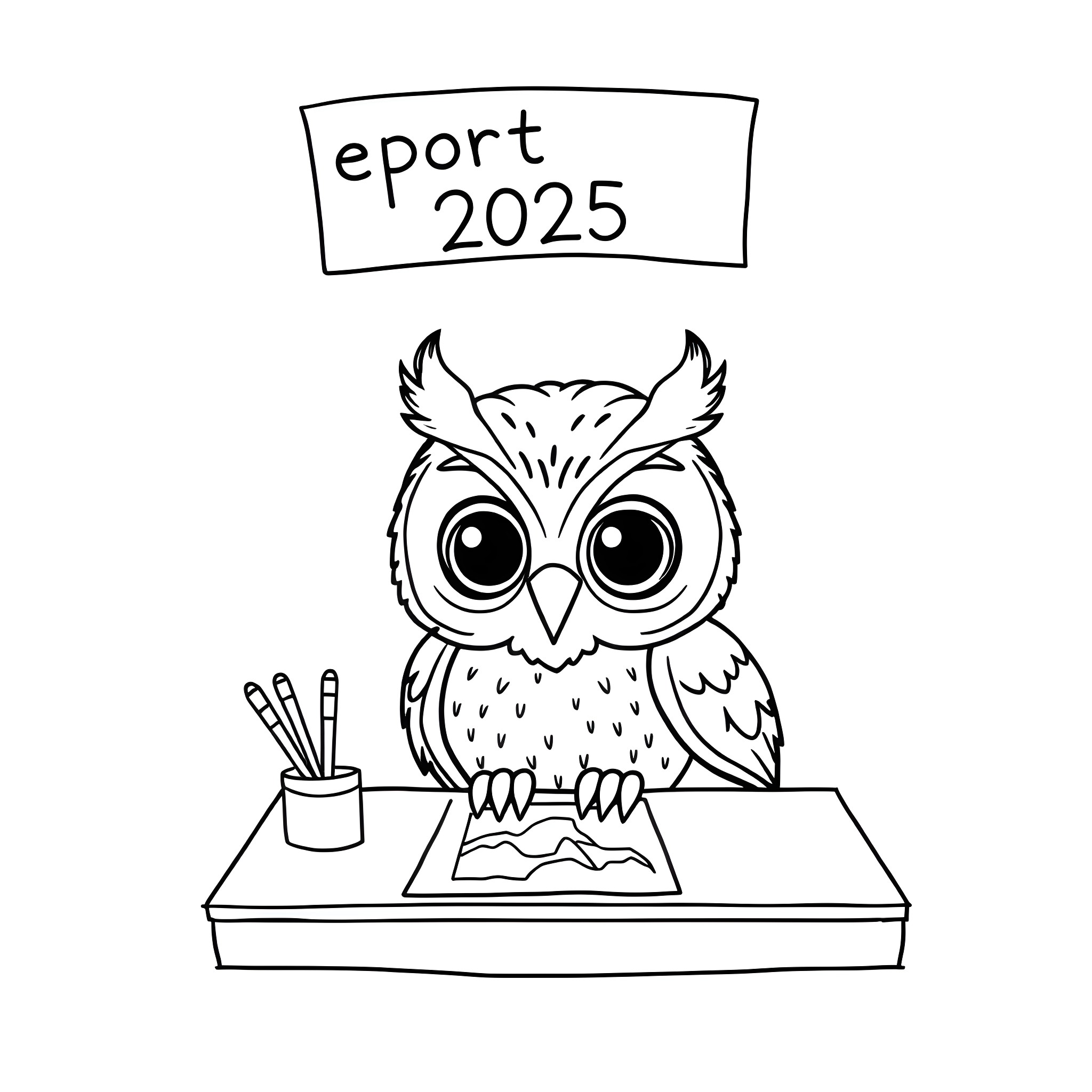 Owl working on a report in 2025 Coloring Page (free black-and-white line drawing printable PDF for all, from beginners to advanced learners, including children, teens, adults, and seniors)