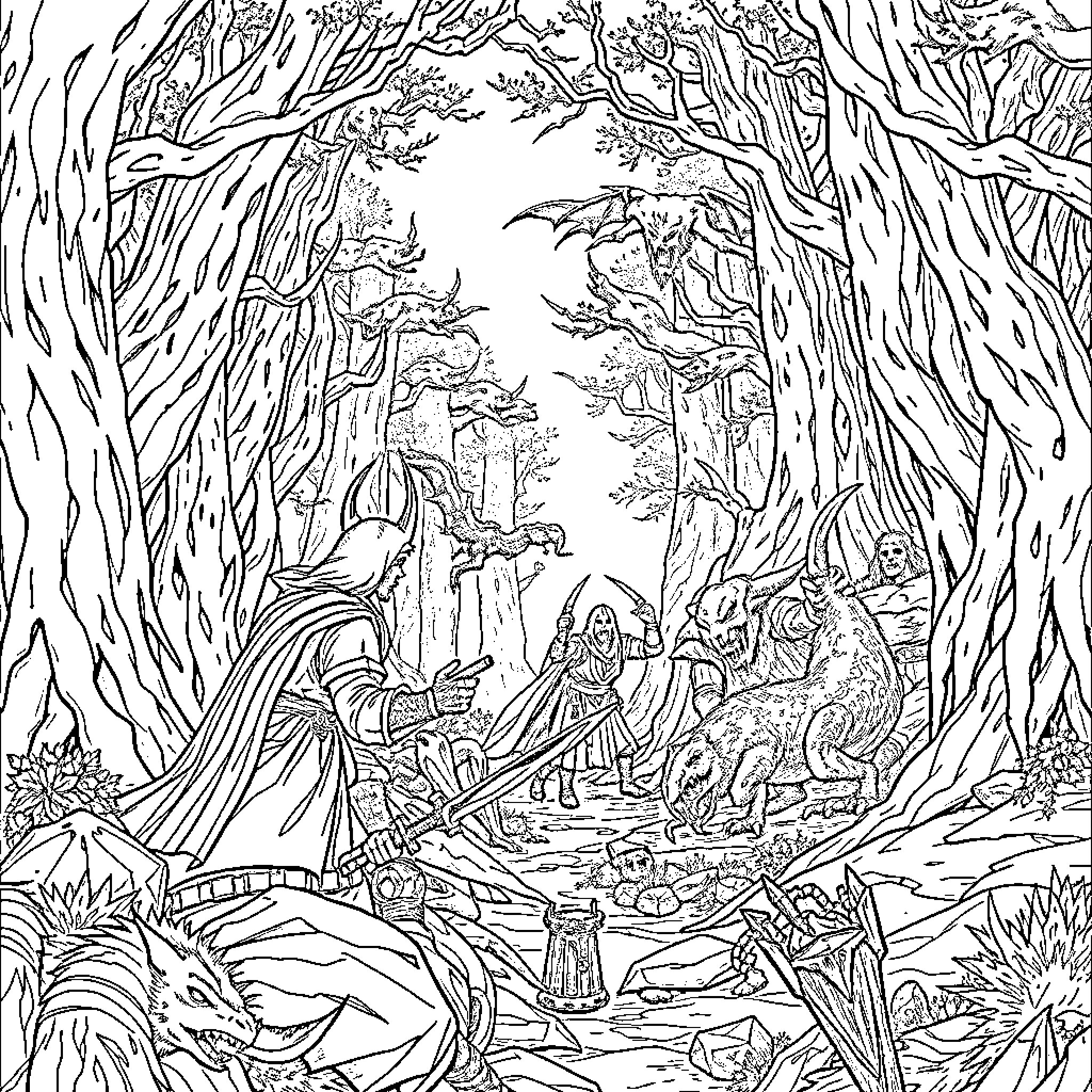 Dungeon scene with fantastical creatures and adventurers Coloring Page (free black-and-white line drawing printable PDF for all, from beginners to advanced learners, including children, teens, adults, and seniors)