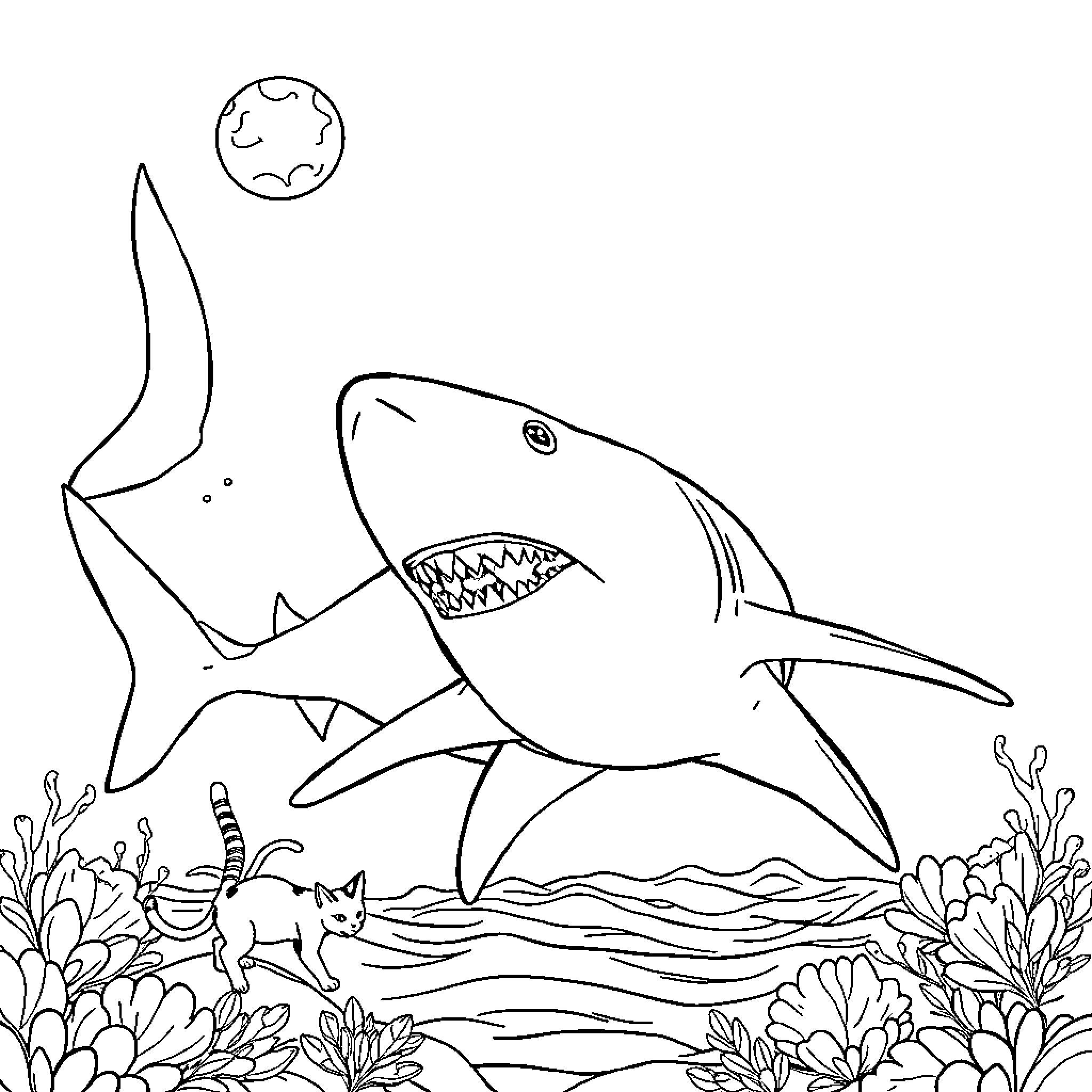 Cat Shark Swimming in Underwater Reef Coloring Page (free black-and-white line drawing printable PDF for all, from beginners to advanced learners, including children, teens, adults, and seniors)
