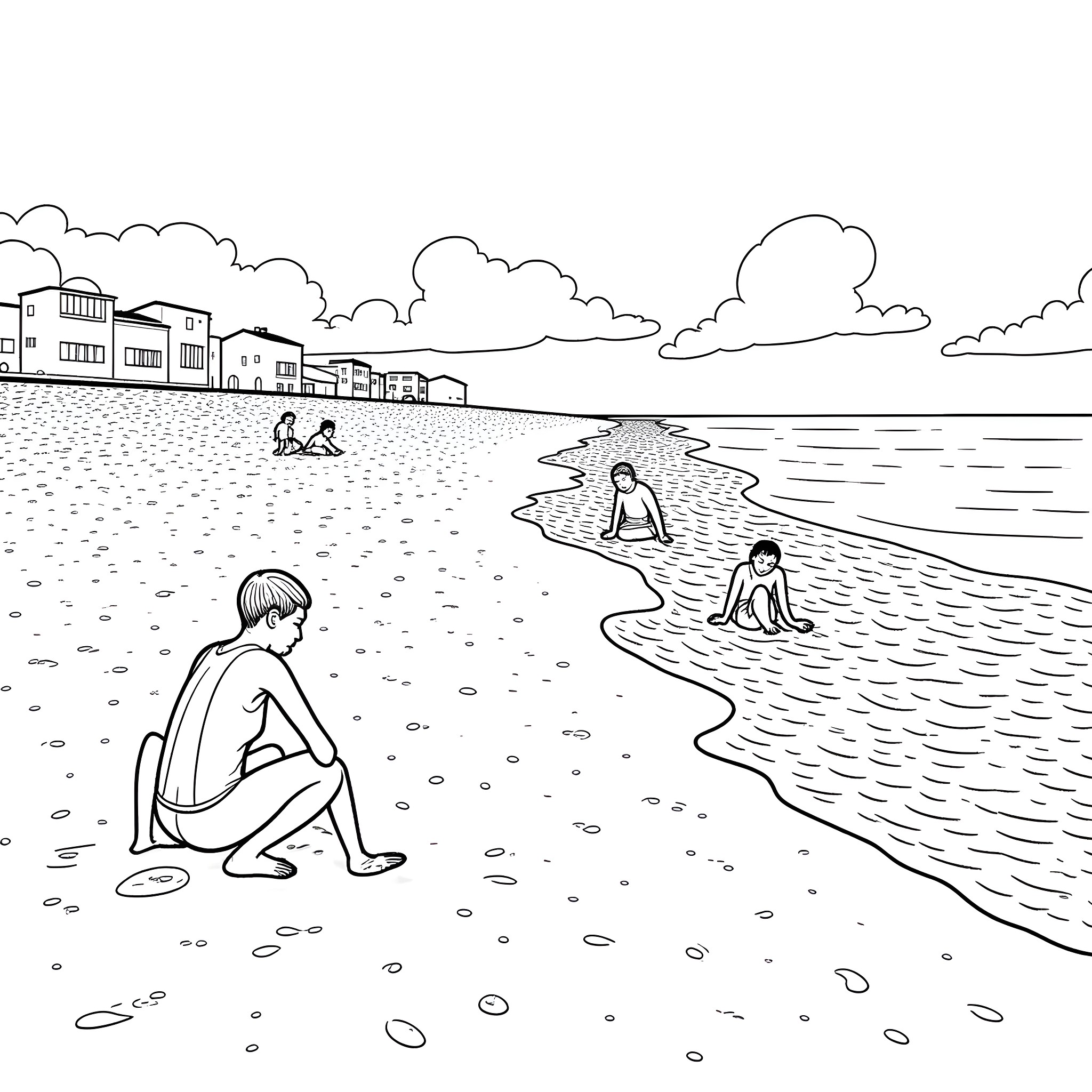 Beach scene with people relaxing on the sand Coloring Page (free black-and-white line drawing printable PDF for all, from beginners to advanced learners, including children, teens, adults, and seniors)