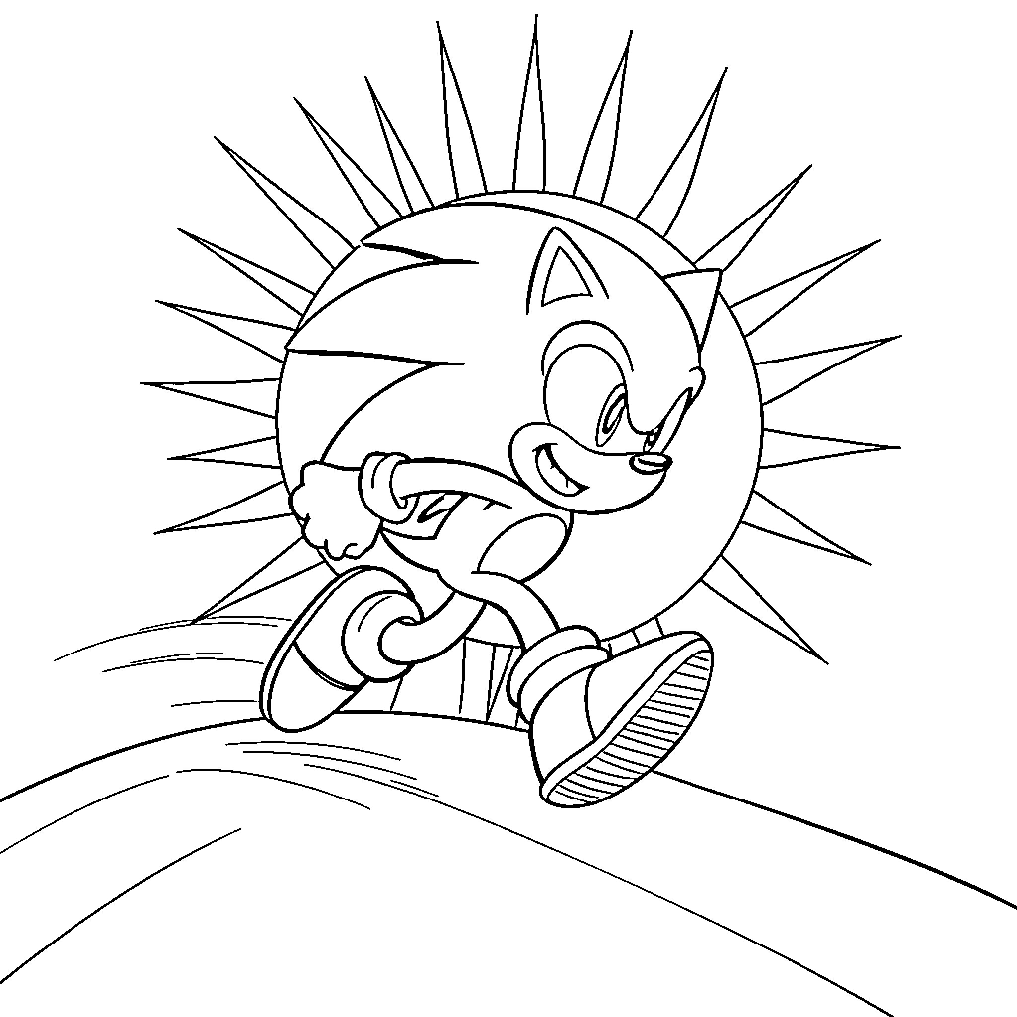Sonic running joyfully in the sun Coloring Page (free black-and-white line drawing printable PDF for all, from beginners to advanced learners, including children, teens, adults, and seniors)