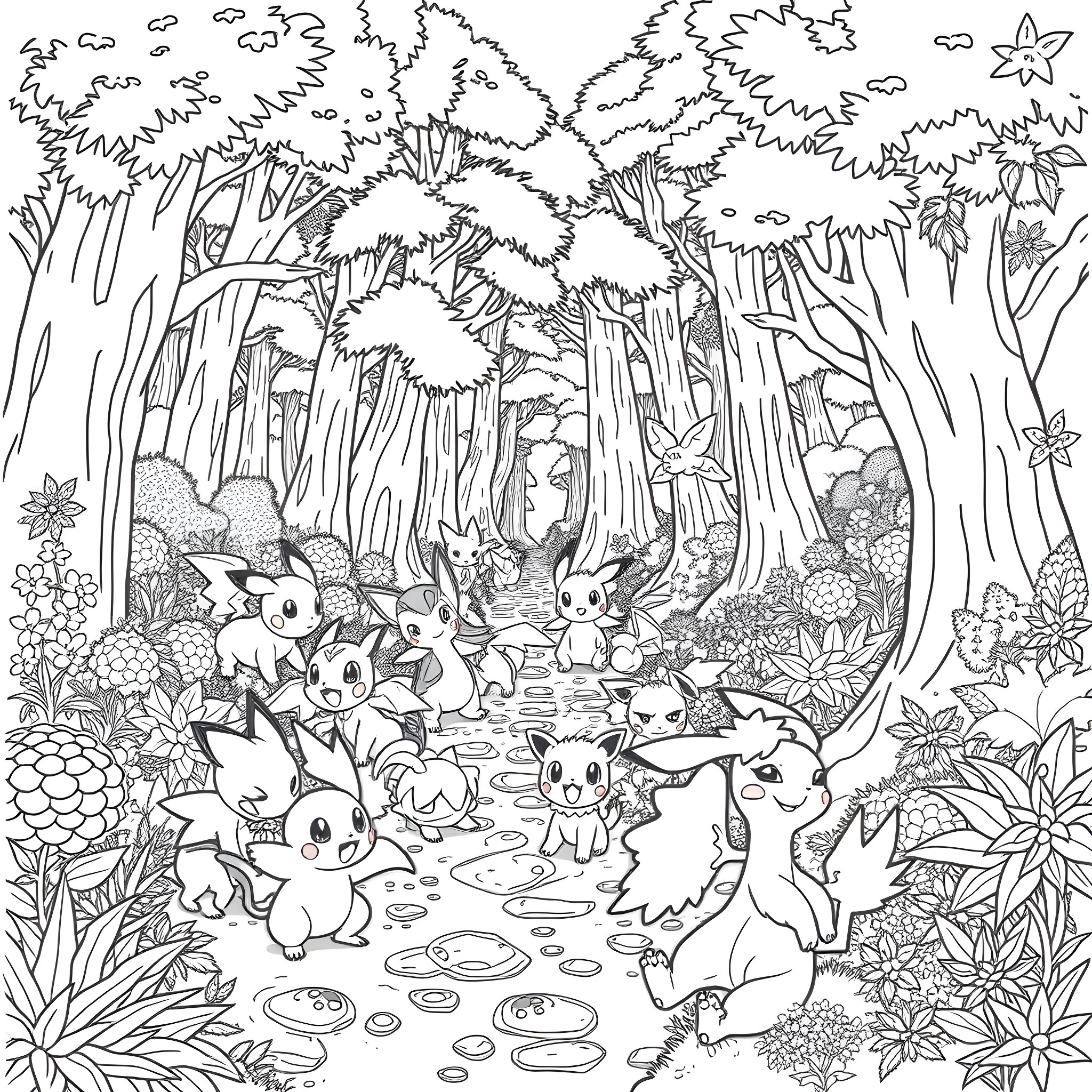 Pokémon Playing in the Enchanted Forest Coloring Page (free black-and-white line drawing printable PDF for all, from beginners to advanced learners, including children, teens, adults, and seniors)