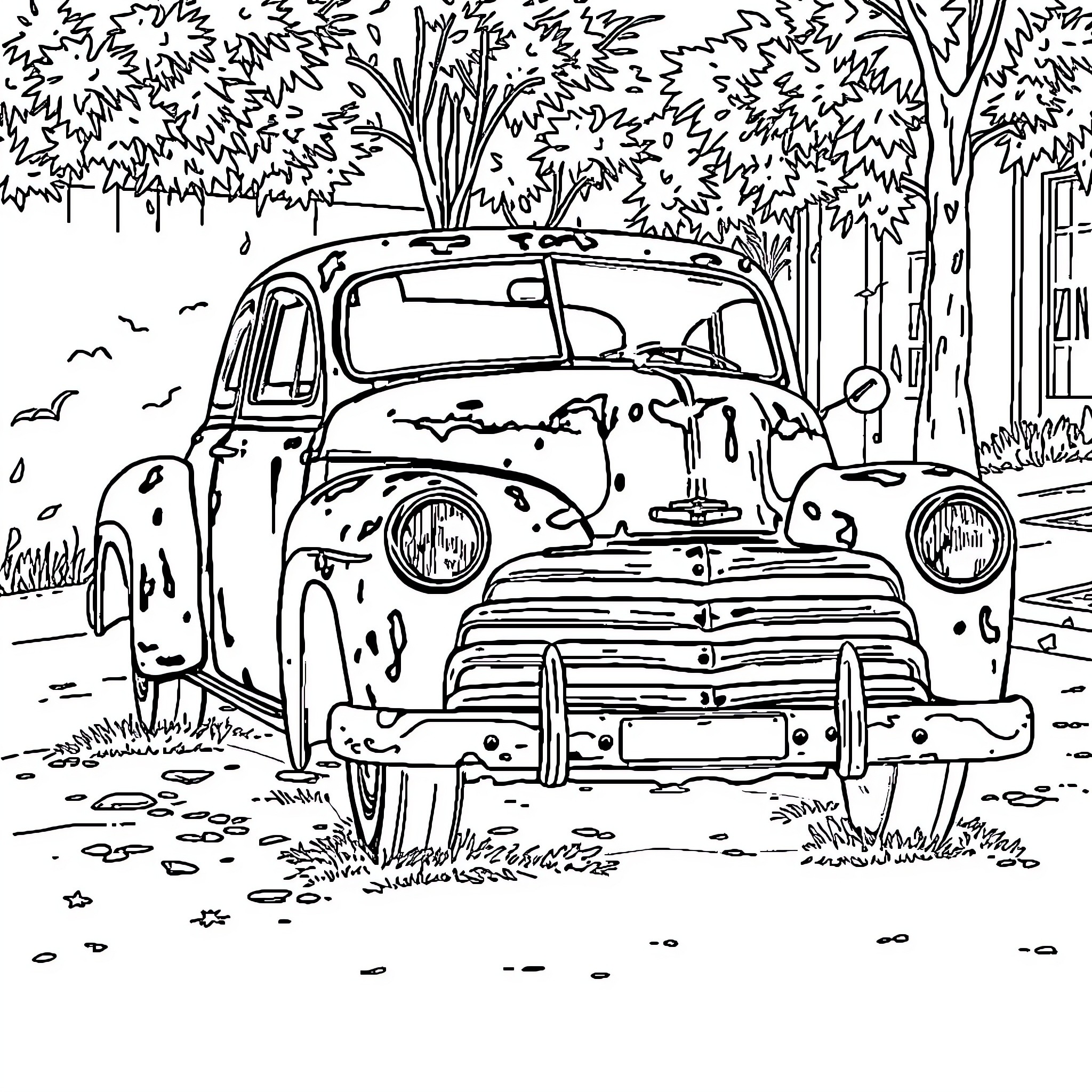 Car in Overgrown Nature Scenery Coloring Page (free black-and-white line drawing printable PDF for all, from beginners to advanced learners, including children, teens, adults, and seniors)