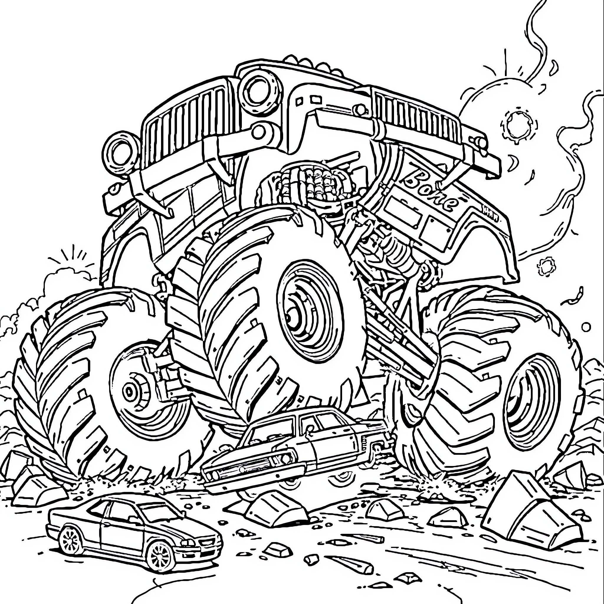 Monster Truck Crushing Cars in Destruction Derby Coloring Page (free black-and-white line drawing printable PDF for all, from beginners to advanced learners, including children, teens, adults, and seniors)