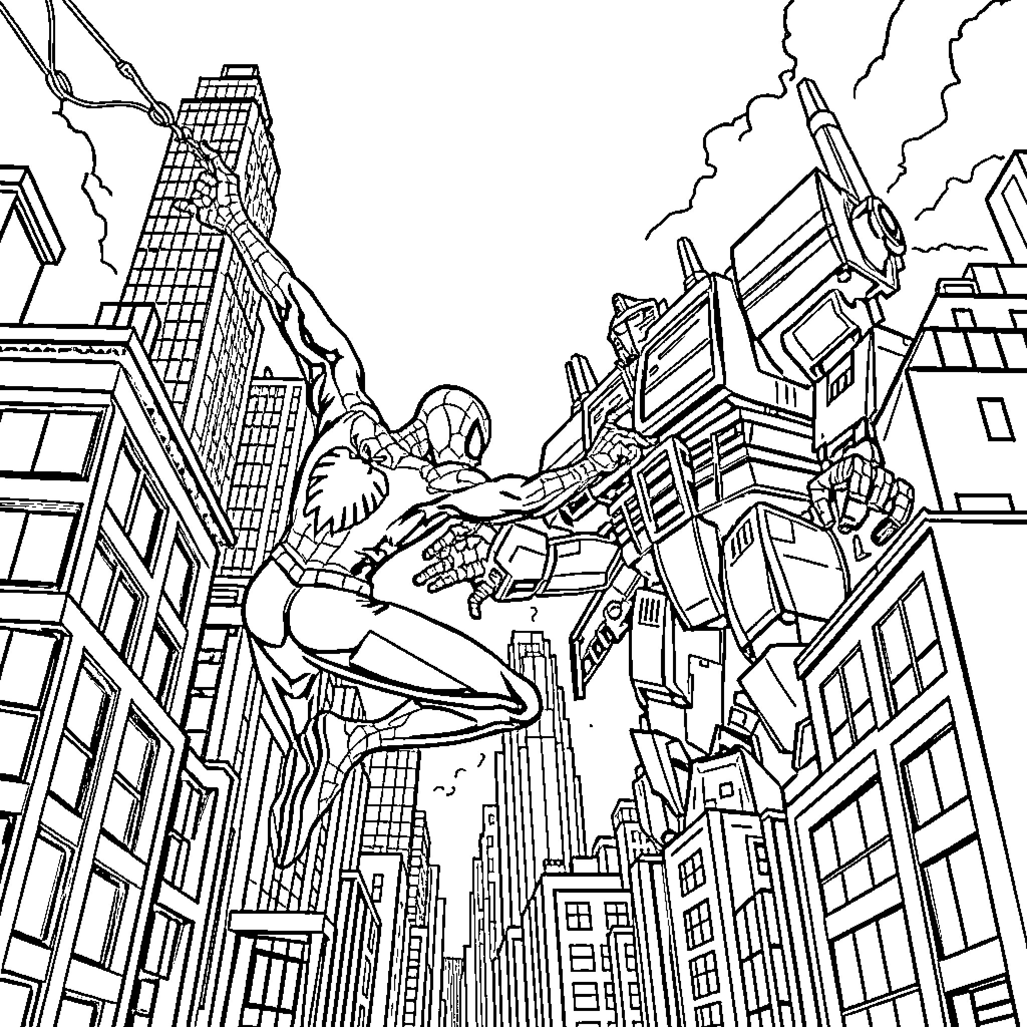 Spiderman swinging through the city skyline Coloring Page (free black-and-white line drawing printable PDF for all, from beginners to advanced learners, including children, teens, adults, and seniors)