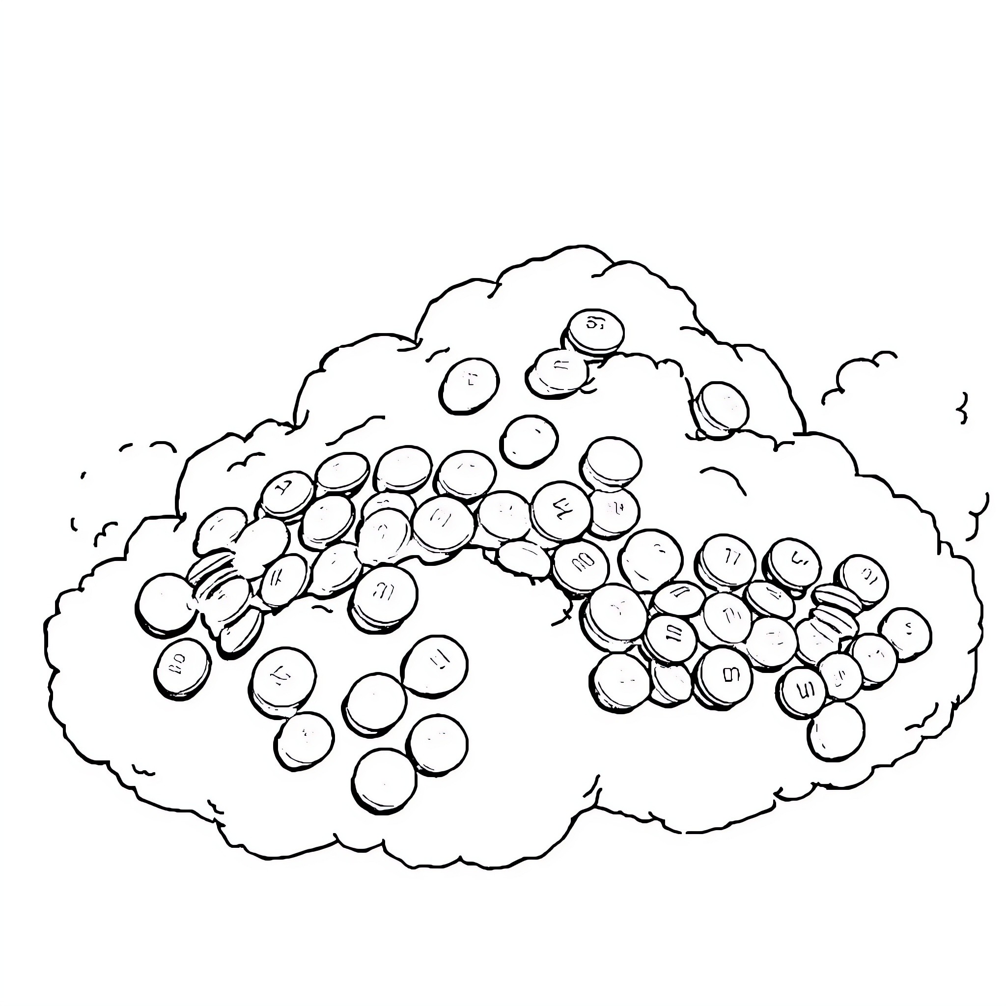 M&m characters swarming in the cloud Coloring Page (free black-and-white line drawing printable PDF for all, from beginners to advanced learners, including children, teens, adults, and seniors)