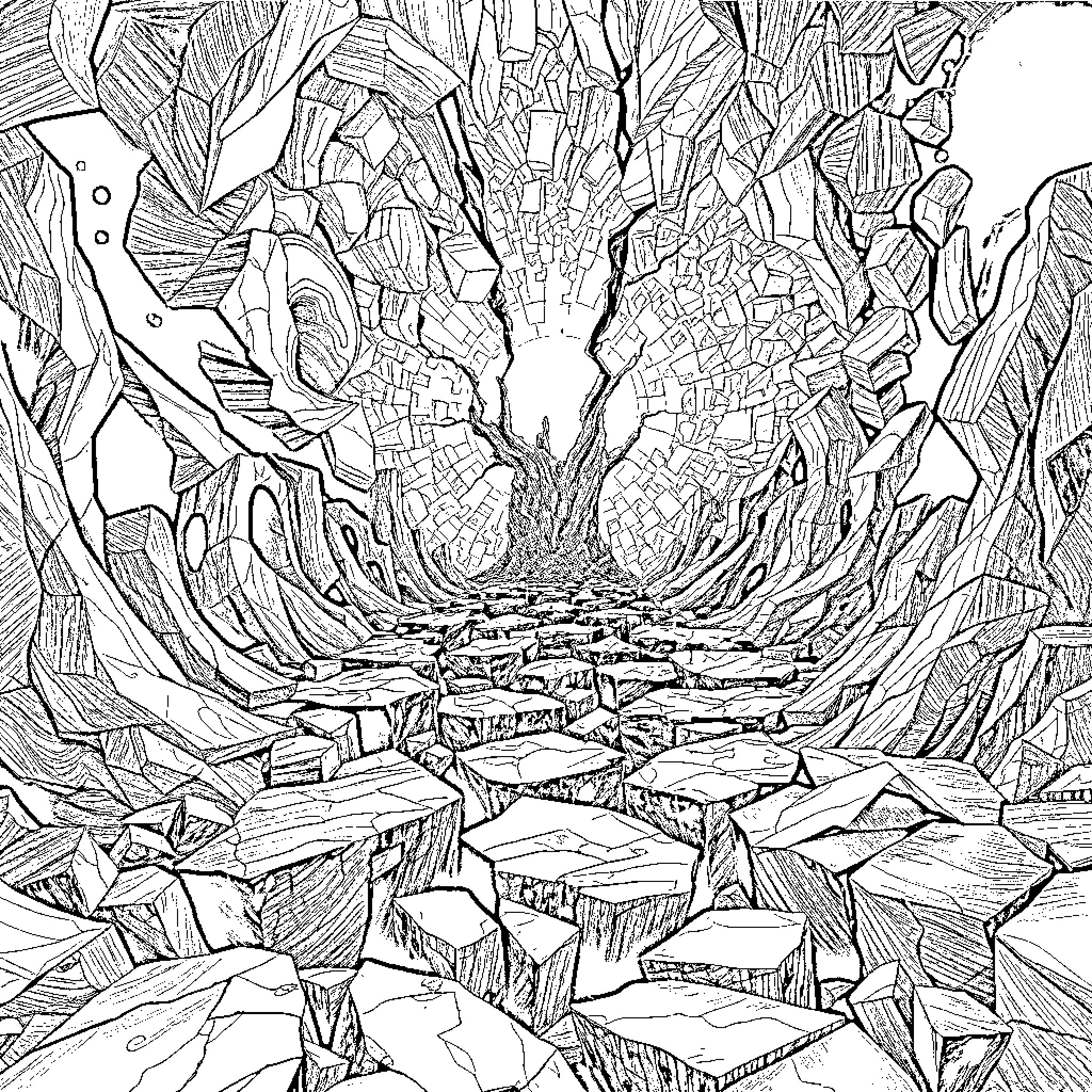 Threshold of the Crystalline Cavern Coloring Page (free black-and-white line drawing printable PDF for all, from beginners to advanced learners, including children, teens, adults, and seniors)