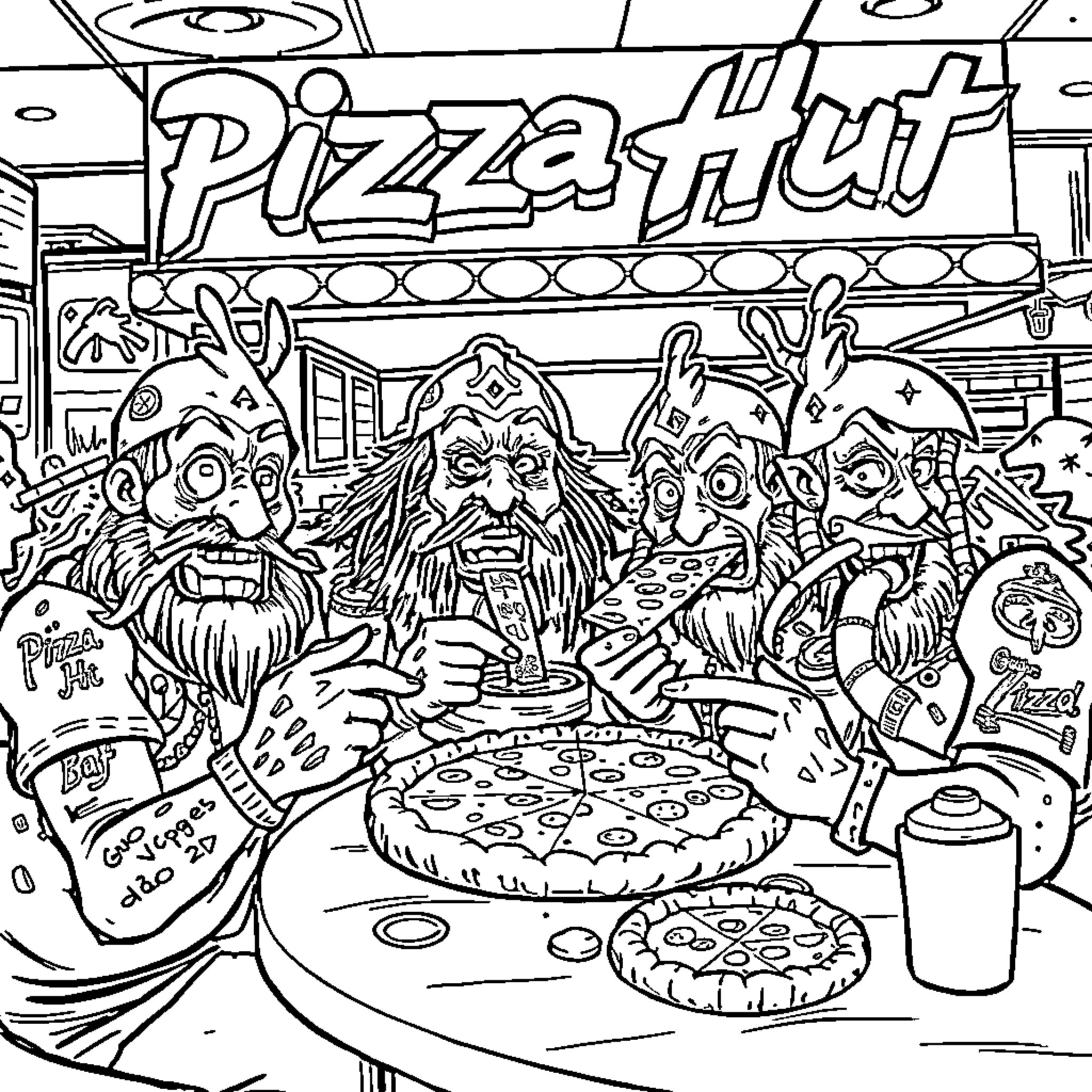 Gwar's Bizarre Pizza Party Coloring Page (free black-and-white line drawing printable PDF for all, from beginners to advanced learners, including children, teens, adults, and seniors)
