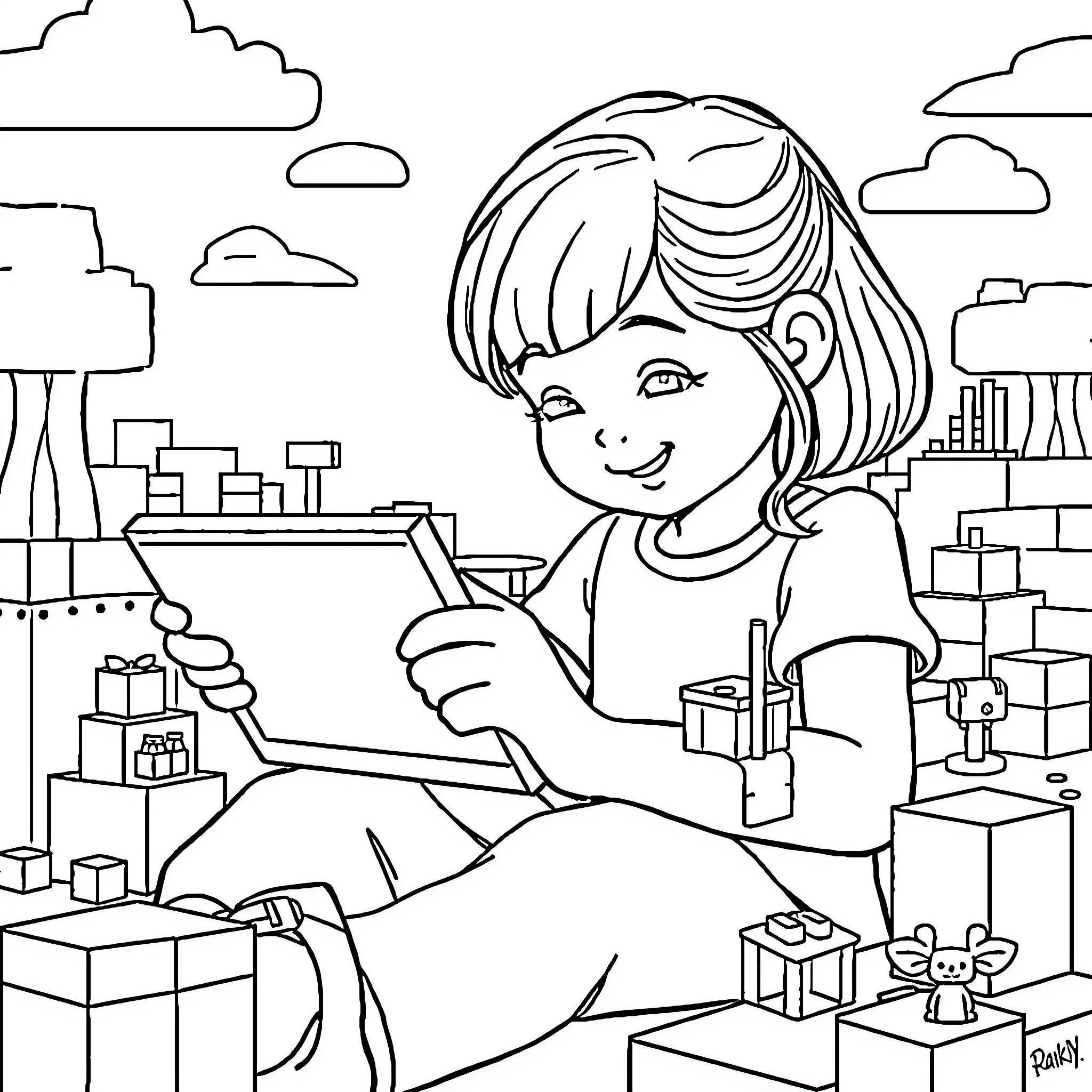 Bluey Unwrapping Gifts in a Playful Setting Coloring Page (free black-and-white line drawing printable PDF for all, from beginners to advanced learners, including children, teens, adults, and seniors)