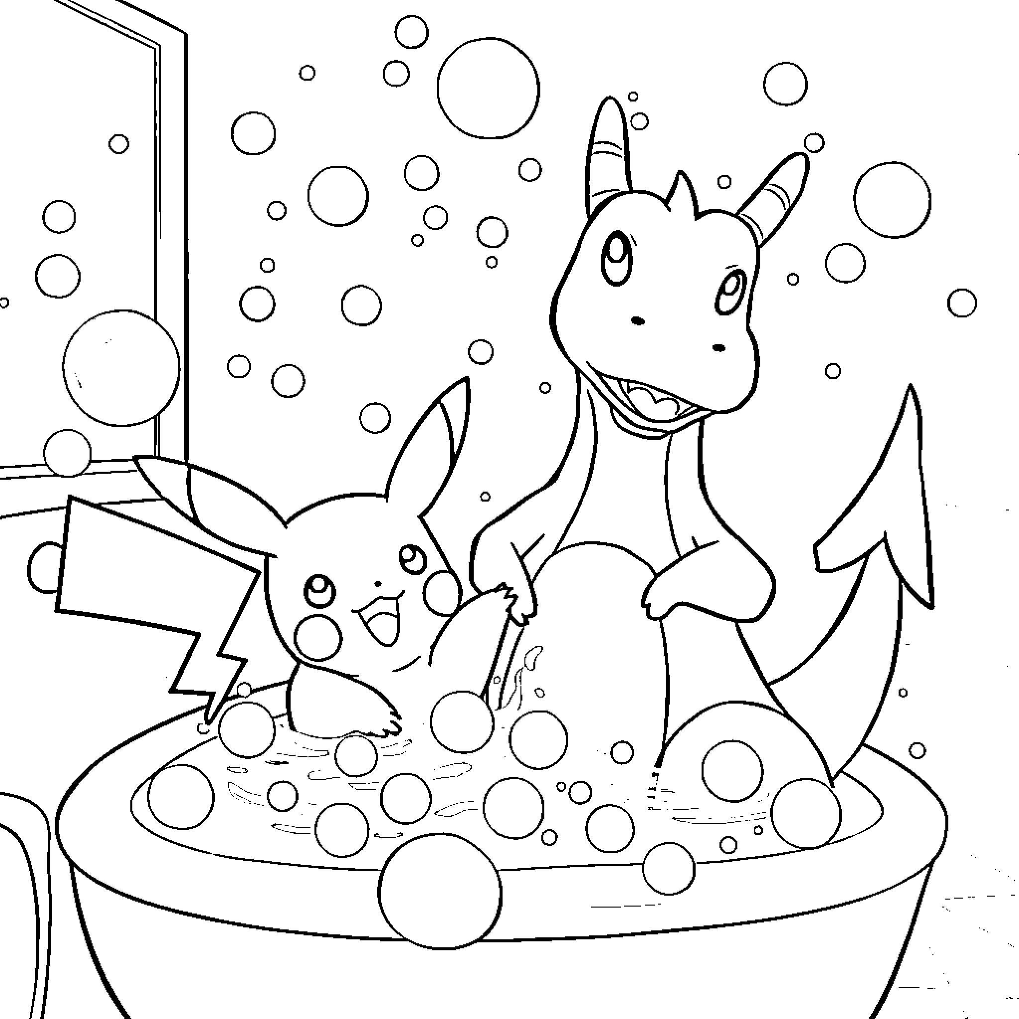 Pikachu and Dragonite playing in bubbles Coloring Page (free black-and-white line drawing printable PDF for all, from beginners to advanced learners, including children, teens, adults, and seniors)