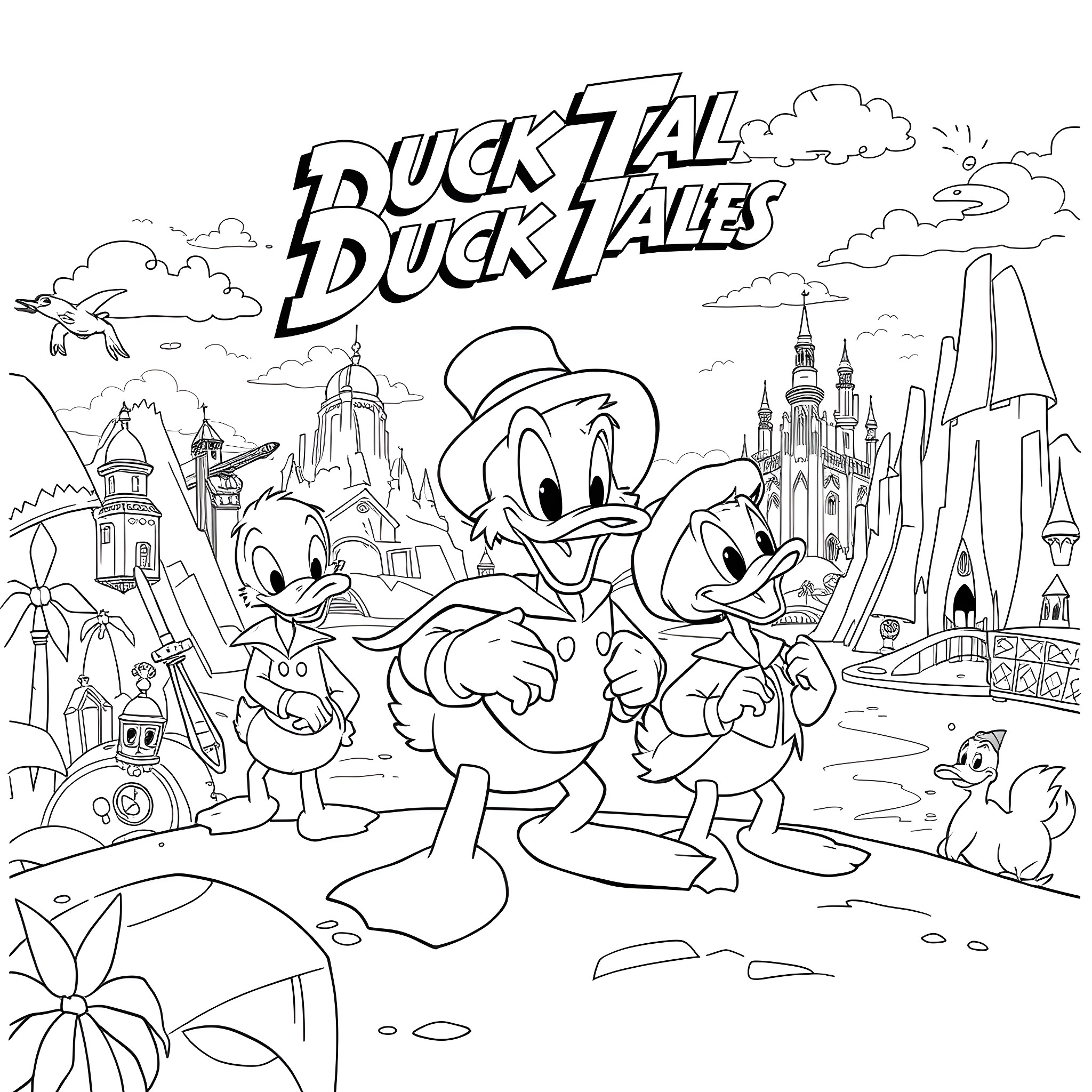 Duck Trio's Whimsical Adventure Coloring Page (free black-and-white line drawing printable PDF for all, from beginners to advanced learners, including children, teens, adults, and seniors)
