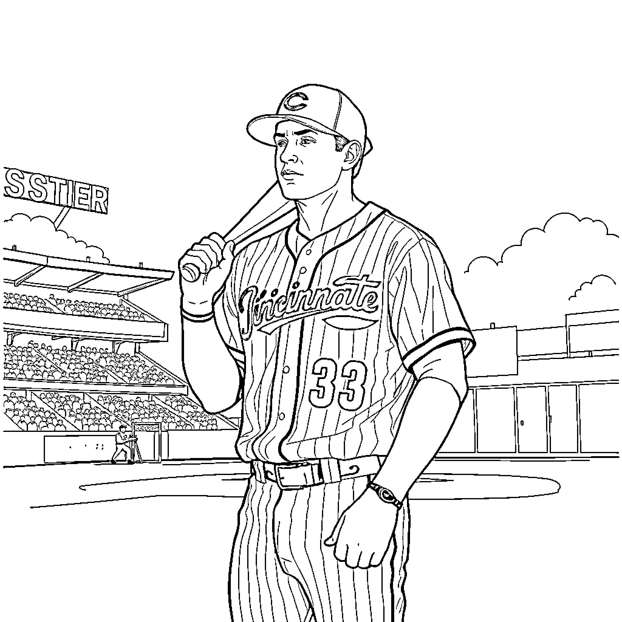 Derek Jeter in Baseball Uniform on the Field Coloring Page (free black-and-white line drawing printable PDF for all, from beginners to advanced learners, including children, teens, adults, and seniors)