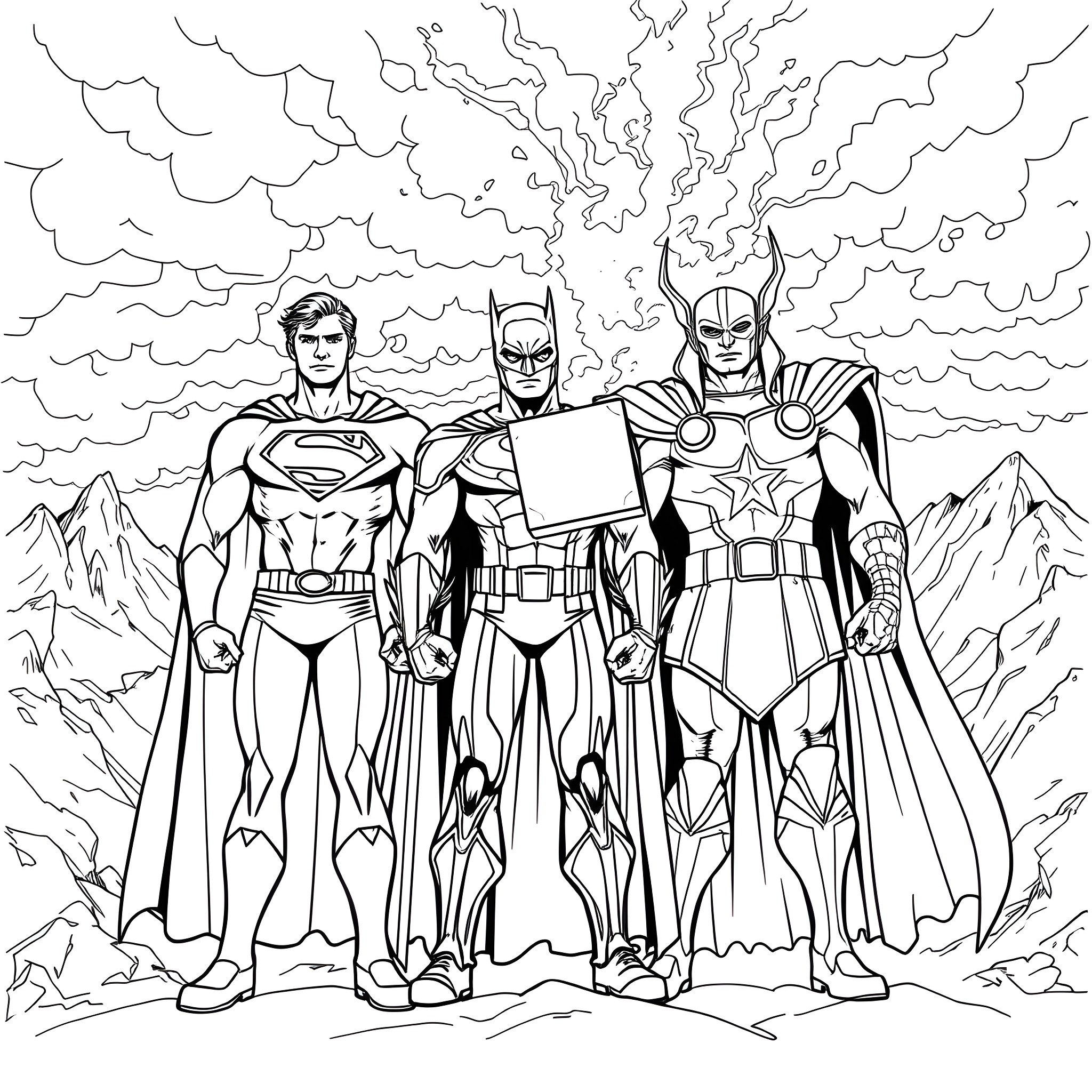 Superman, Batman, and Captain America posing heroically Coloring Page (free black-and-white line drawing printable PDF for all, from beginners to advanced learners, including children, teens, adults, and seniors)