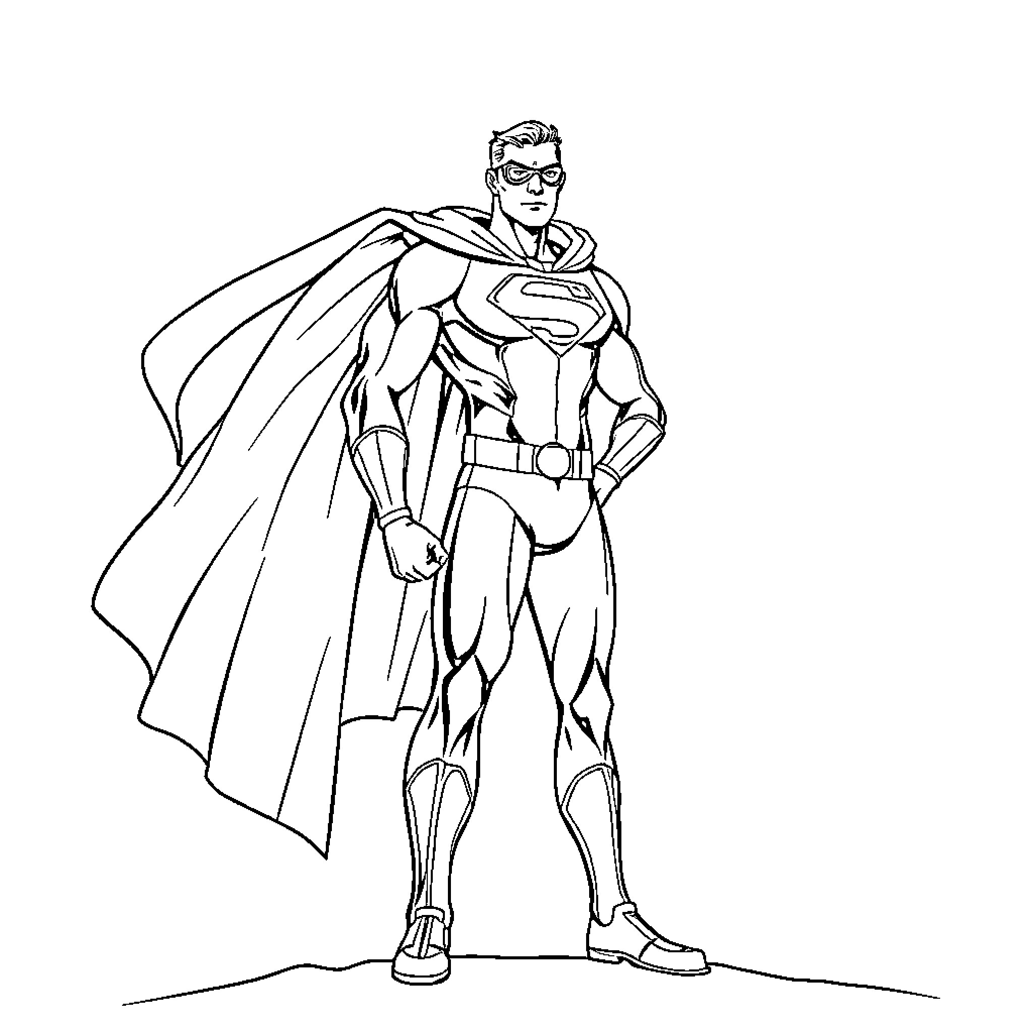 Superhero in iconic stance with cape Coloring Page (free black-and-white line drawing printable PDF for all, from beginners to advanced learners, including children, teens, adults, and seniors)