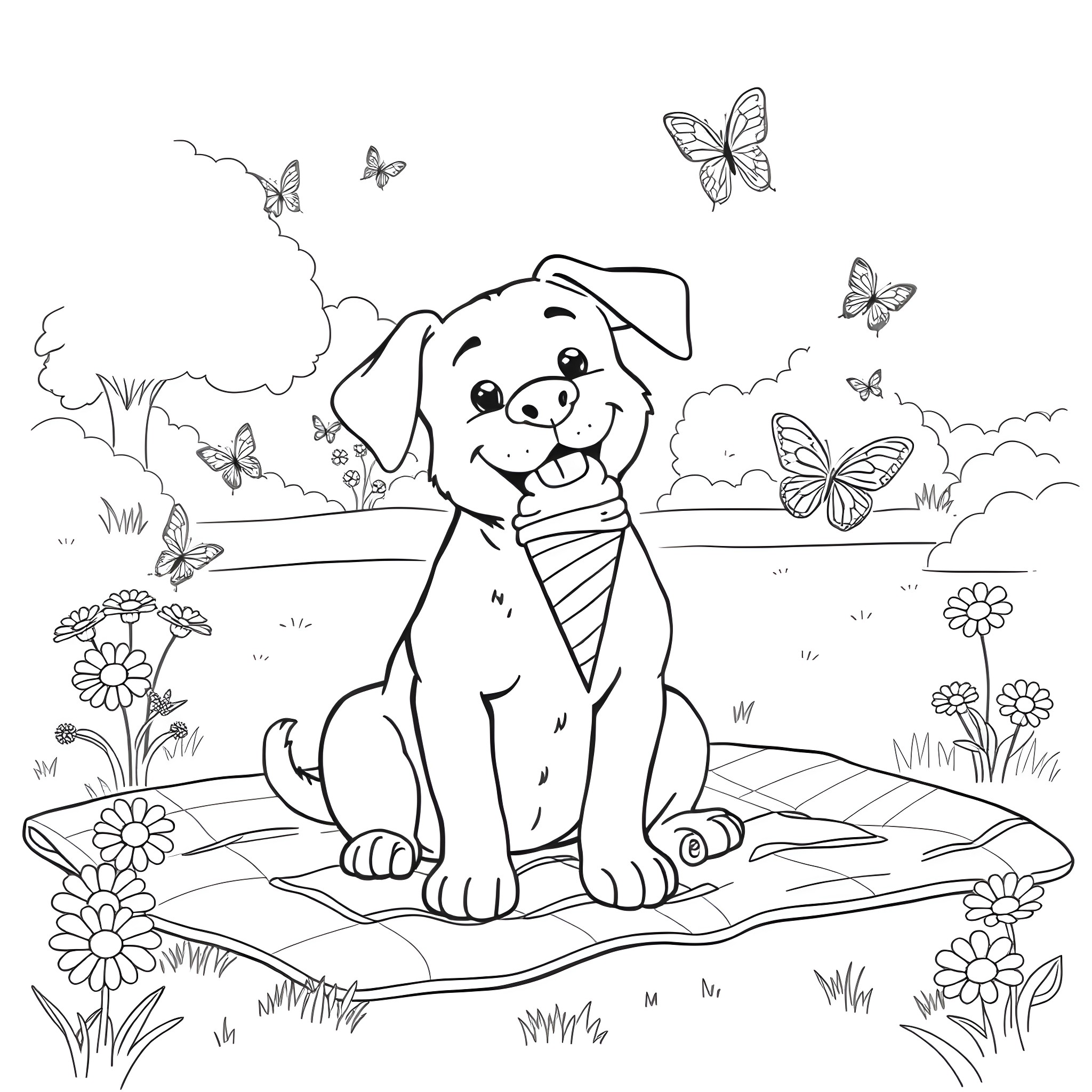 Dog playing with butterflies in the garden Coloring Page (free black-and-white line drawing printable PDF for all, from beginners to advanced learners, including children, teens, adults, and seniors)