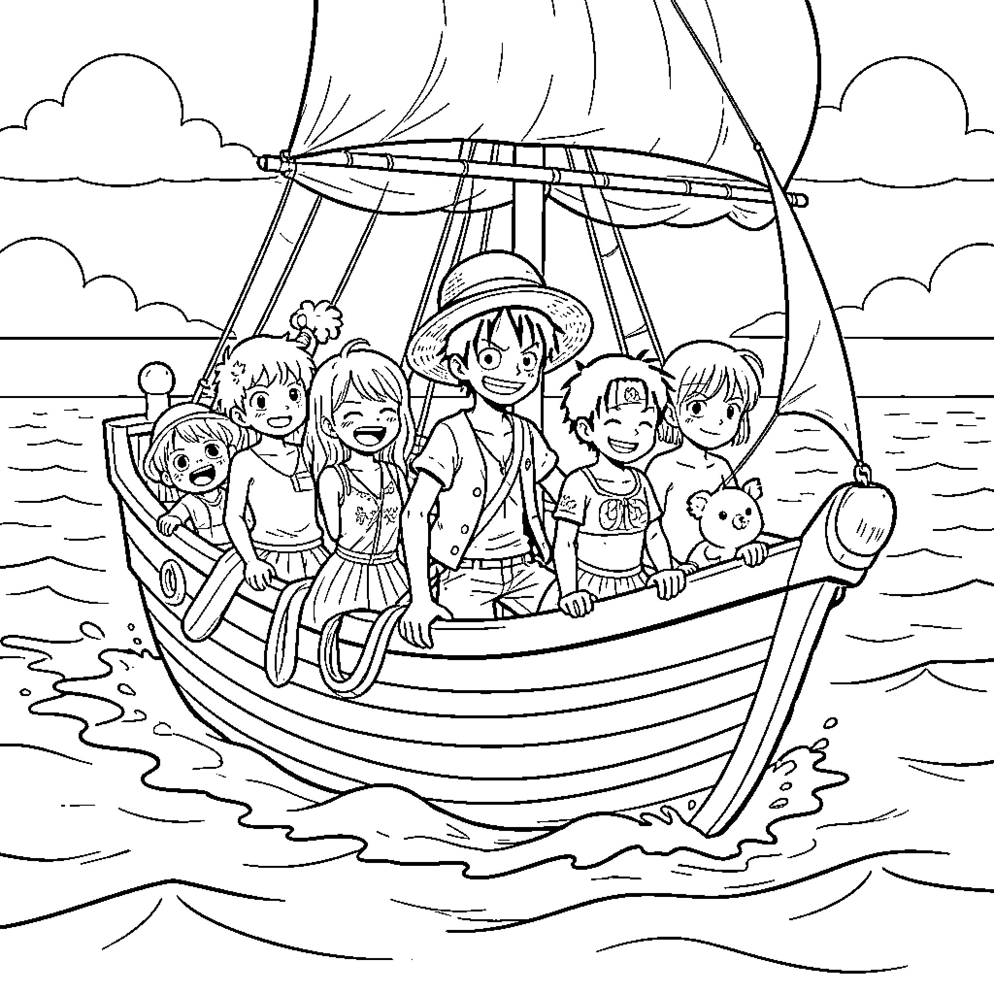 Luffy and his friends sailing on a small boat Coloring Page (free black-and-white line drawing printable PDF for all, from beginners to advanced learners, including children, teens, adults, and seniors)