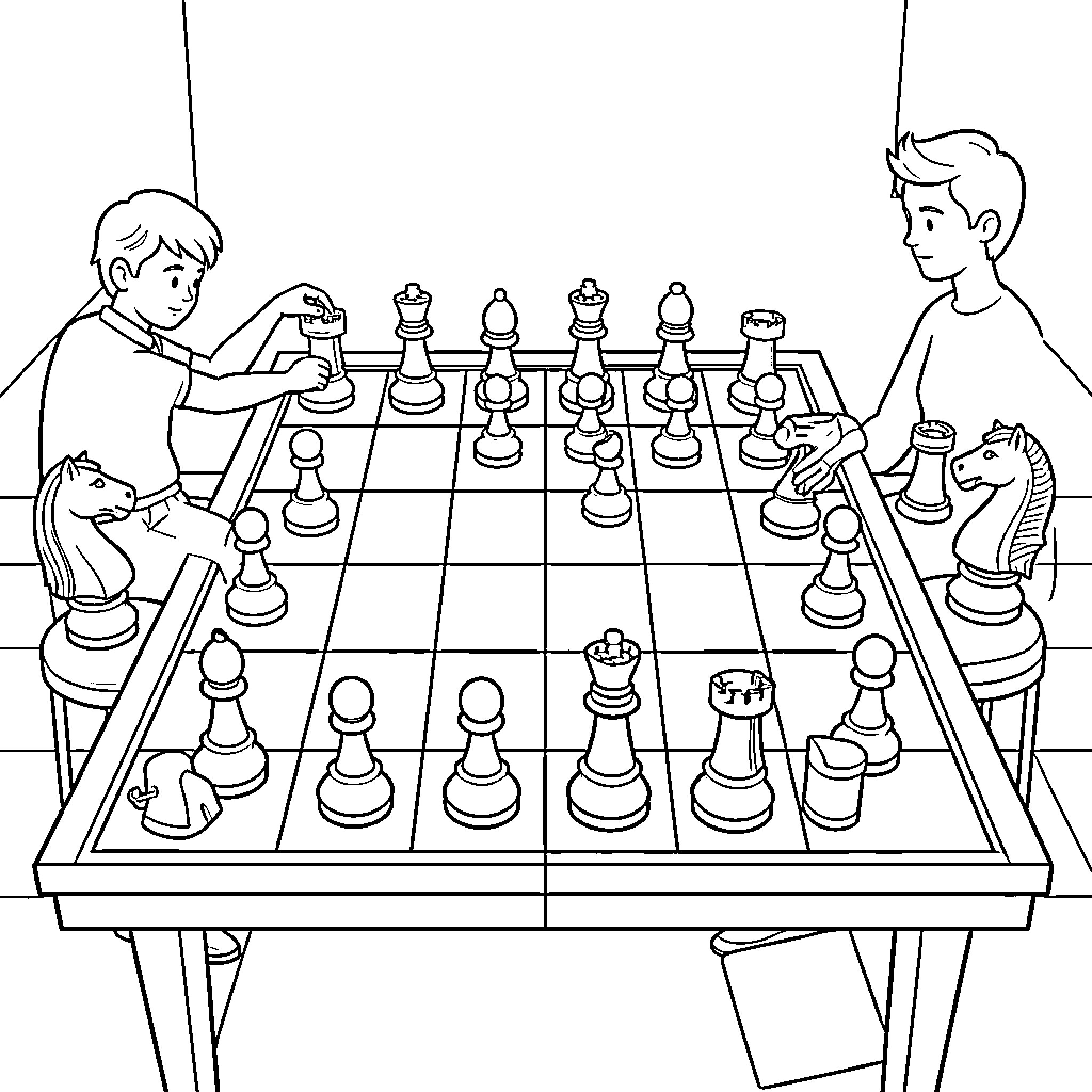 Chess players focused on a game at a table Coloring Page (free black-and-white line drawing printable PDF for all, from beginners to advanced learners, including children, teens, adults, and seniors)