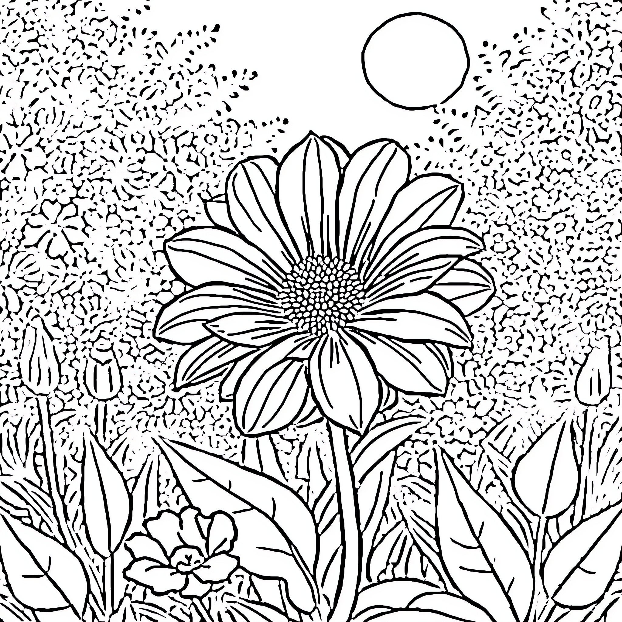 Flower blooming beautifully in natural surroundings Coloring Page (free black-and-white line drawing printable PDF for all, from beginners to advanced learners, including children, teens, adults, and seniors)