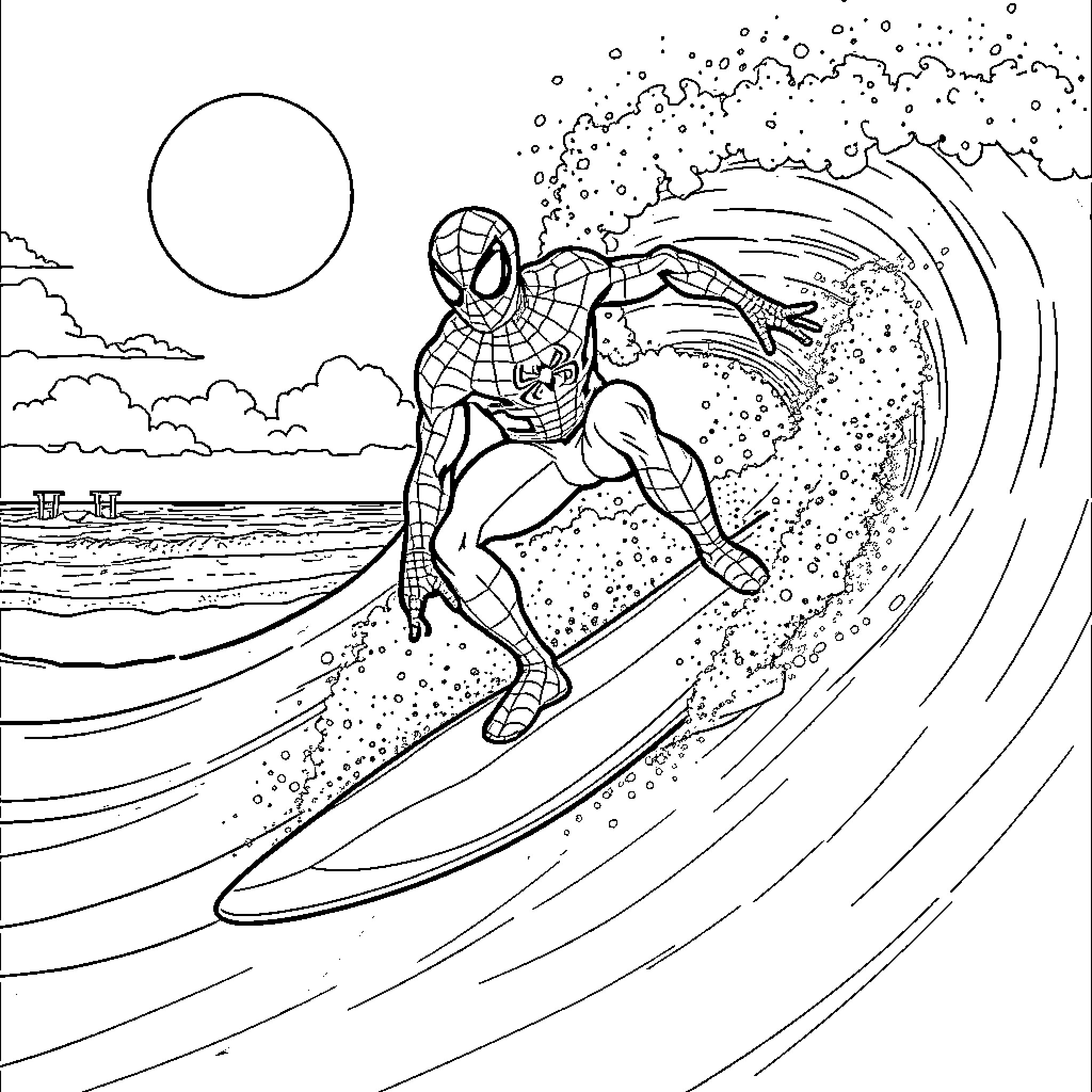 Spider-Man surfing massive wave Coloring Page (free black-and-white line drawing printable PDF for all, from beginners to advanced learners, including children, teens, adults, and seniors)