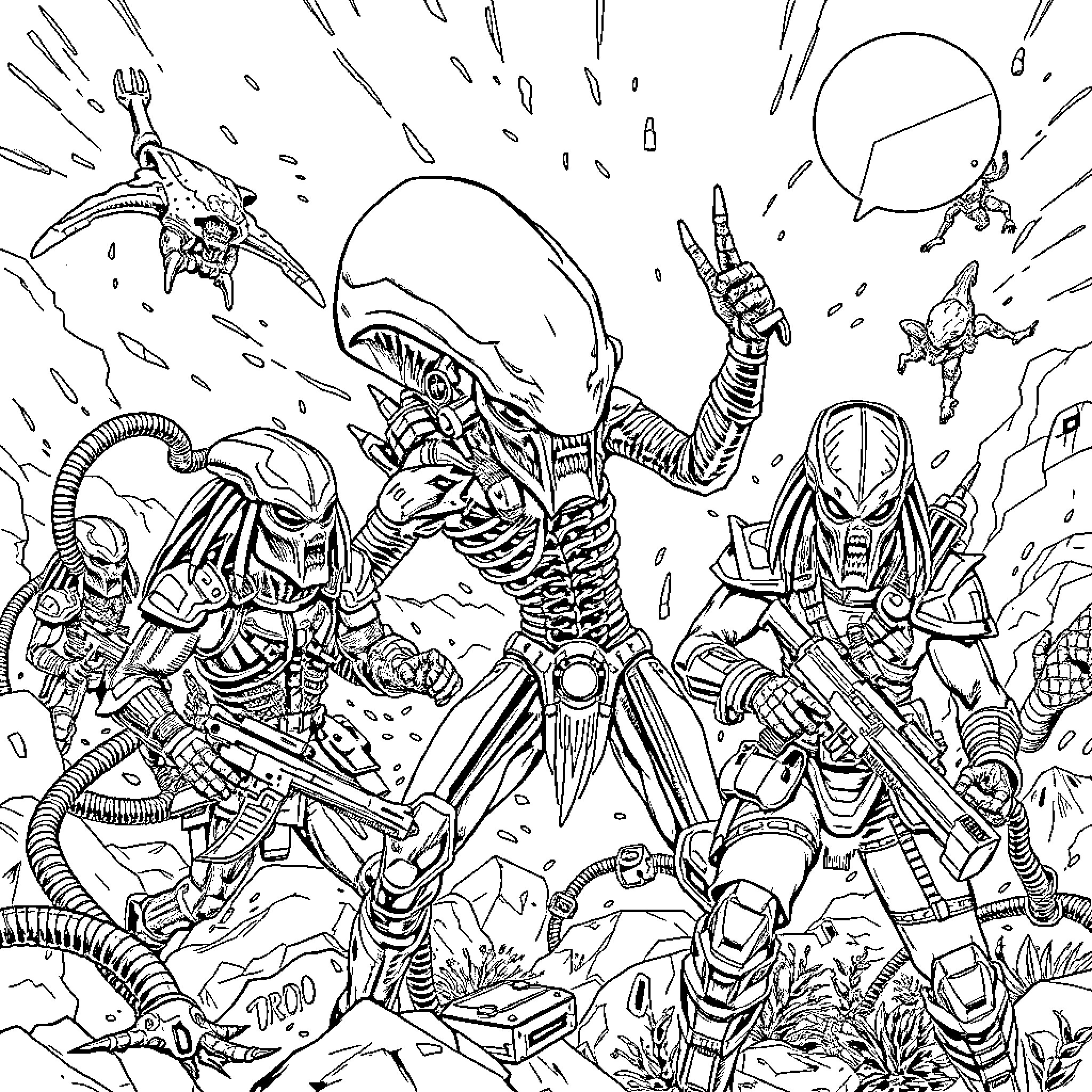Alien Warriors in Intense Battle Coloring Page (free black-and-white line drawing printable PDF for all, from beginners to advanced learners, including children, teens, adults, and seniors)