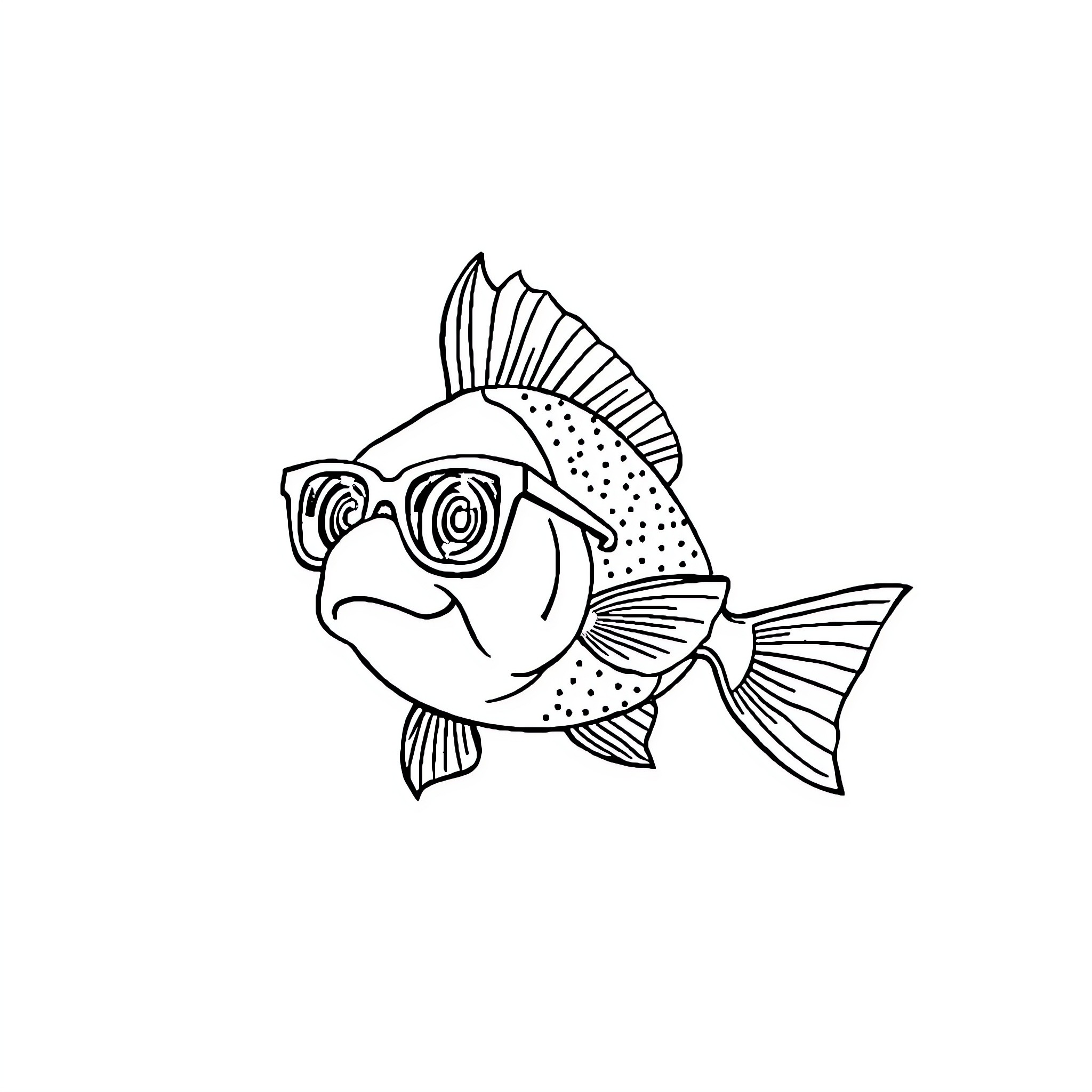 Fish wearing stylish glasses Coloring Page (free black-and-white line drawing printable PDF for all, from beginners to advanced learners, including children, teens, adults, and seniors)