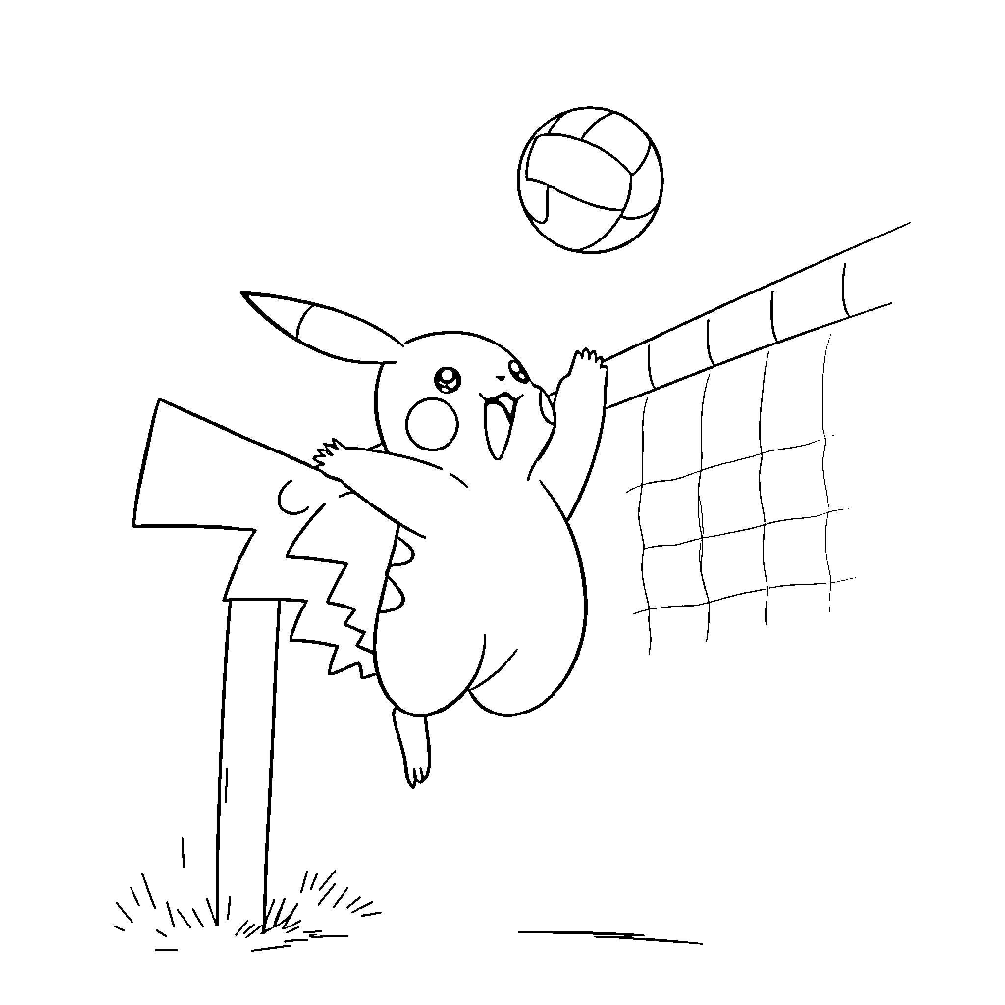 Pikachu playing with volleyball on the court Coloring Page (free black-and-white line drawing printable PDF for all, from beginners to advanced learners, including children, teens, adults, and seniors)