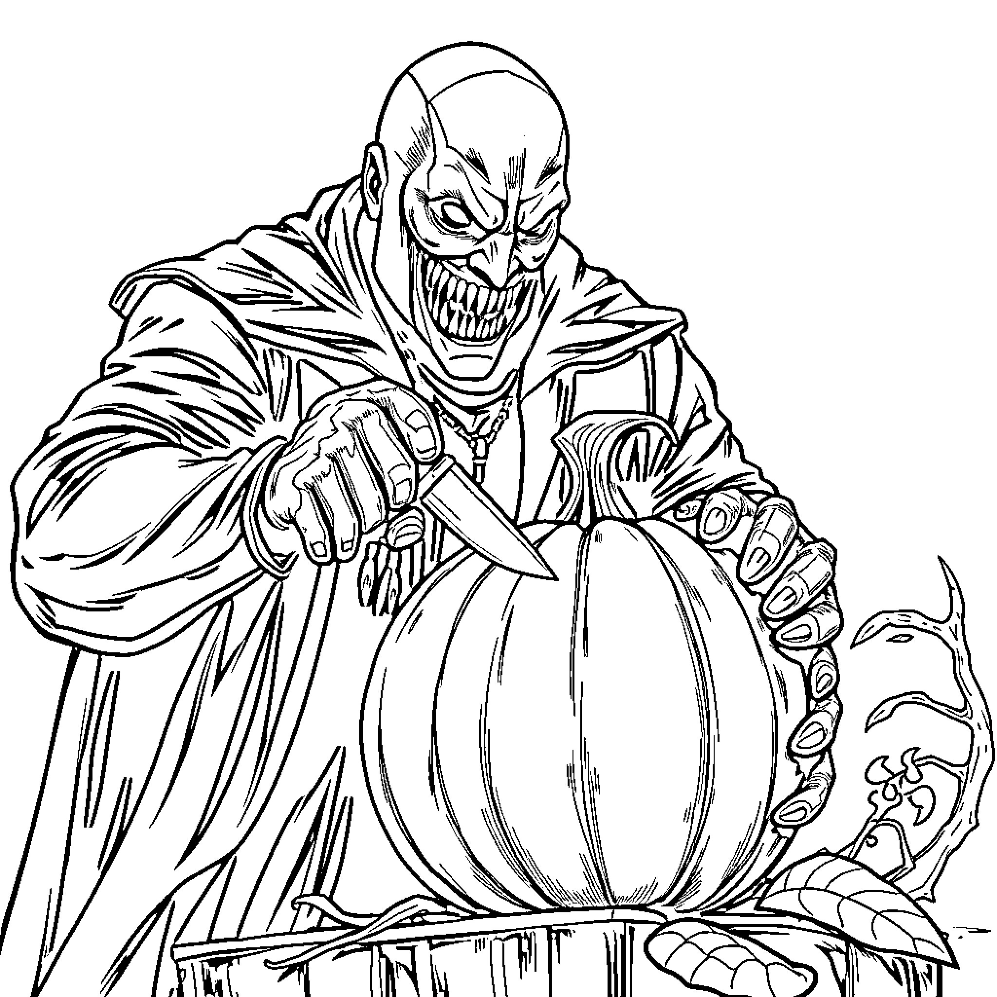 Bane wielding a pumpkin with an unsettling expression Coloring Page (free black-and-white line drawing printable PDF for all, from beginners to advanced learners, including children, teens, adults, and seniors)
