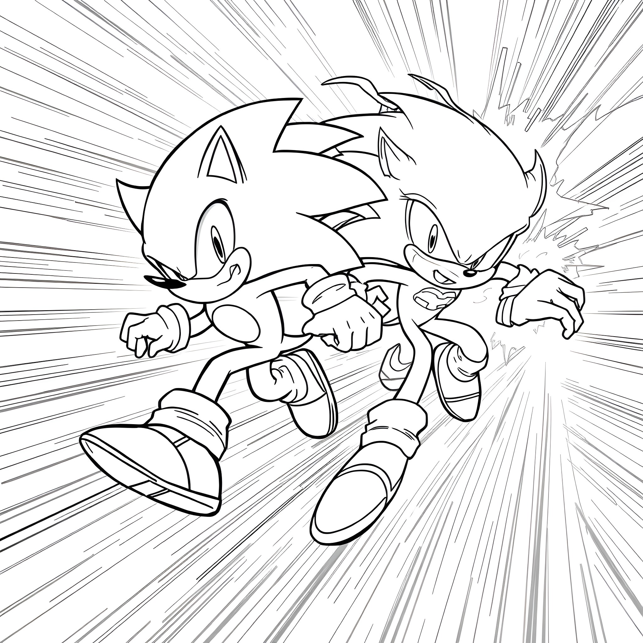 Sonic and Tails racing at high speed Coloring Page (free black-and-white line drawing printable PDF for all, from beginners to advanced learners, including children, teens, adults, and seniors)
