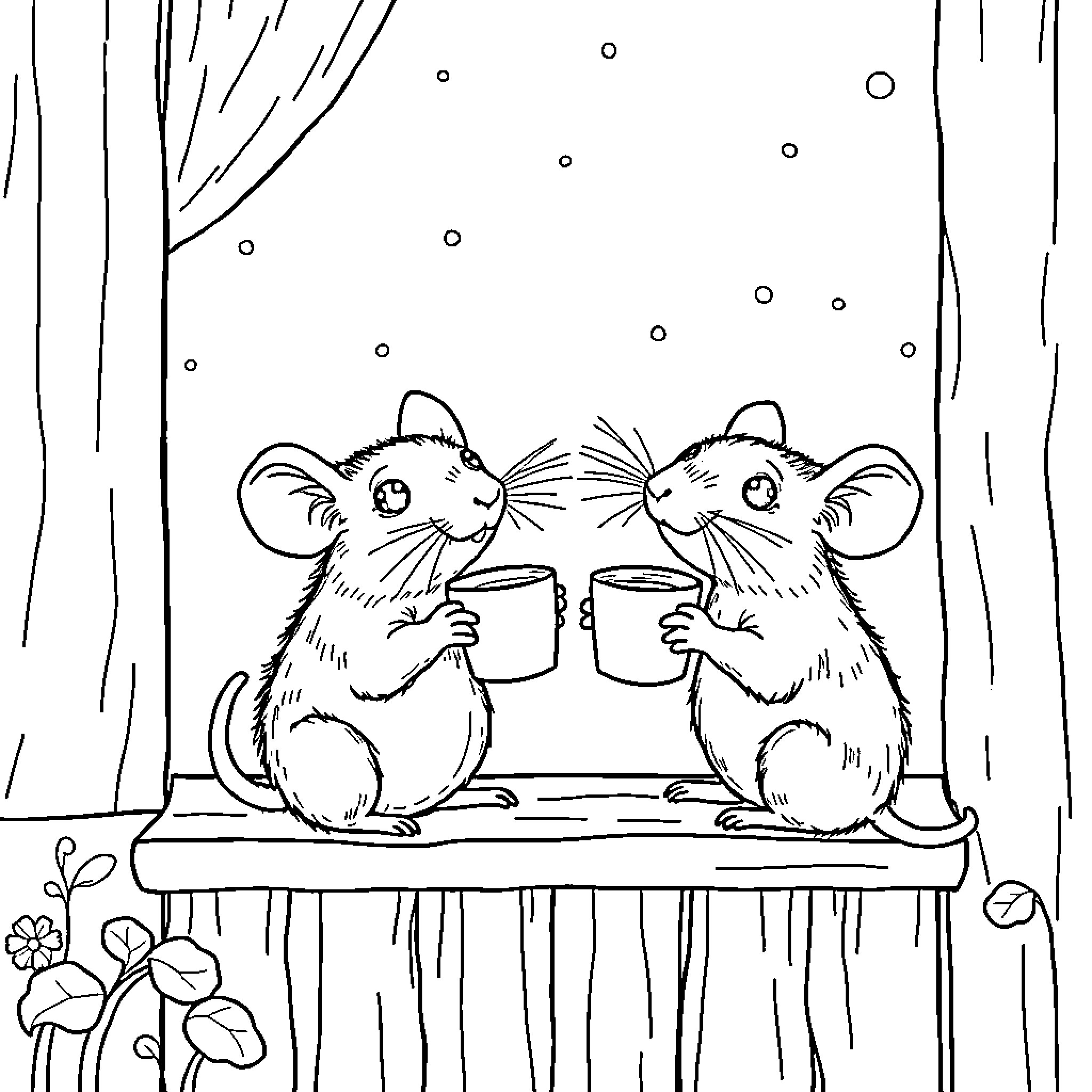 Rat friends enjoying drinks together Coloring Page (free black-and-white line drawing printable PDF for all, from beginners to advanced learners, including children, teens, adults, and seniors)