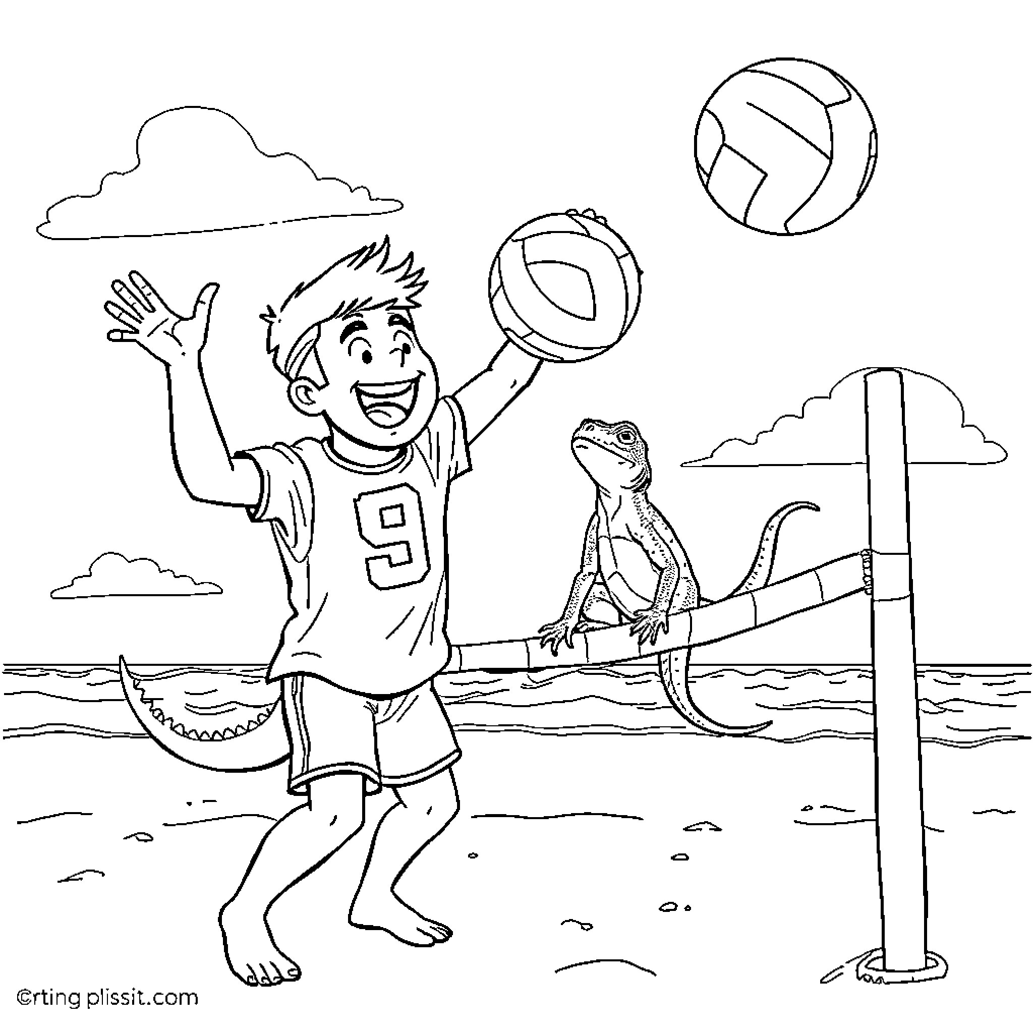 Patrick Mahomes playing happily with volleyball on the beach Coloring Page (free black-and-white line drawing printable PDF for all, from beginners to advanced learners, including children, teens, adults, and seniors)
