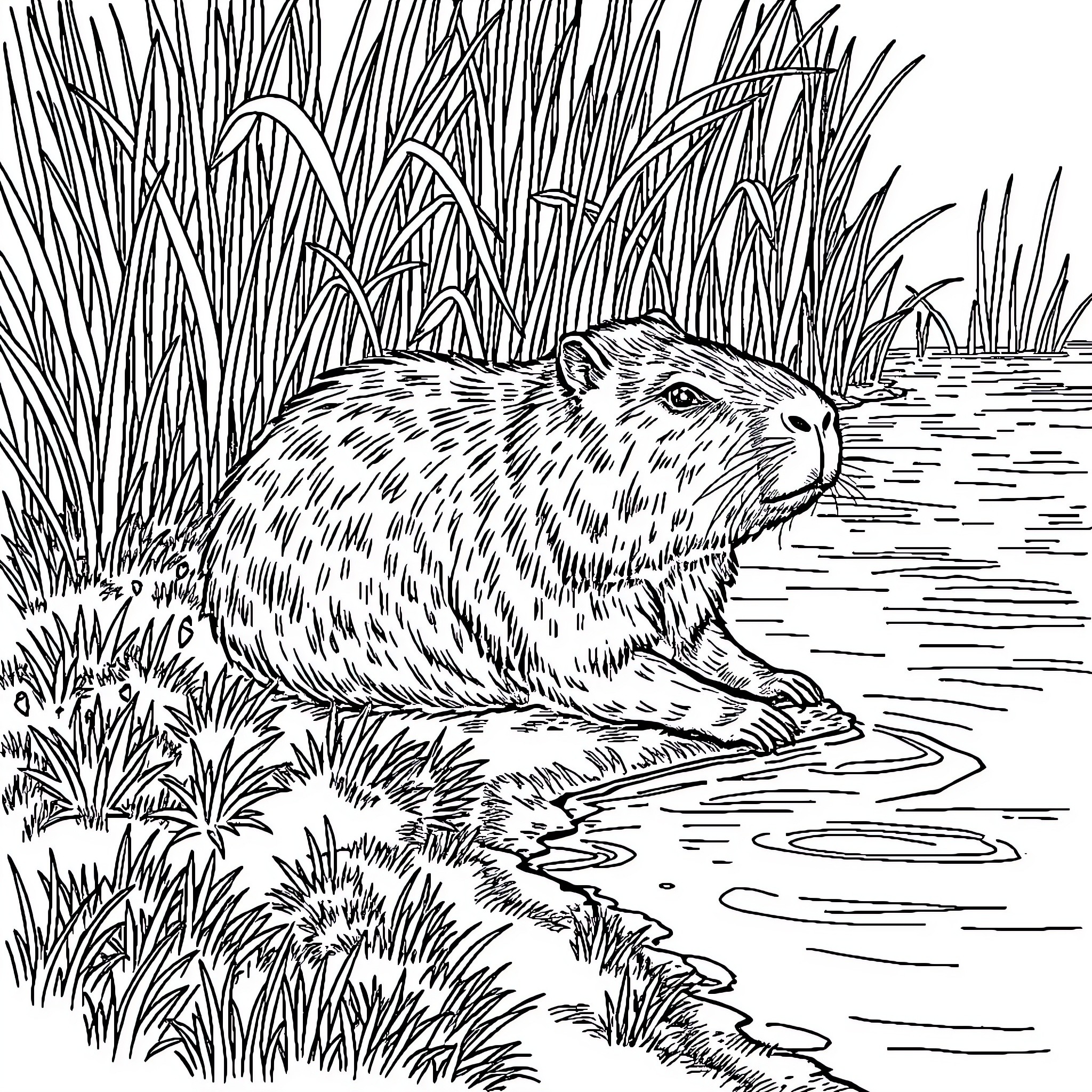 Capybara wading in the wetlands Coloring Page (free black-and-white line drawing printable PDF for all, from beginners to advanced learners, including children, teens, adults, and seniors)