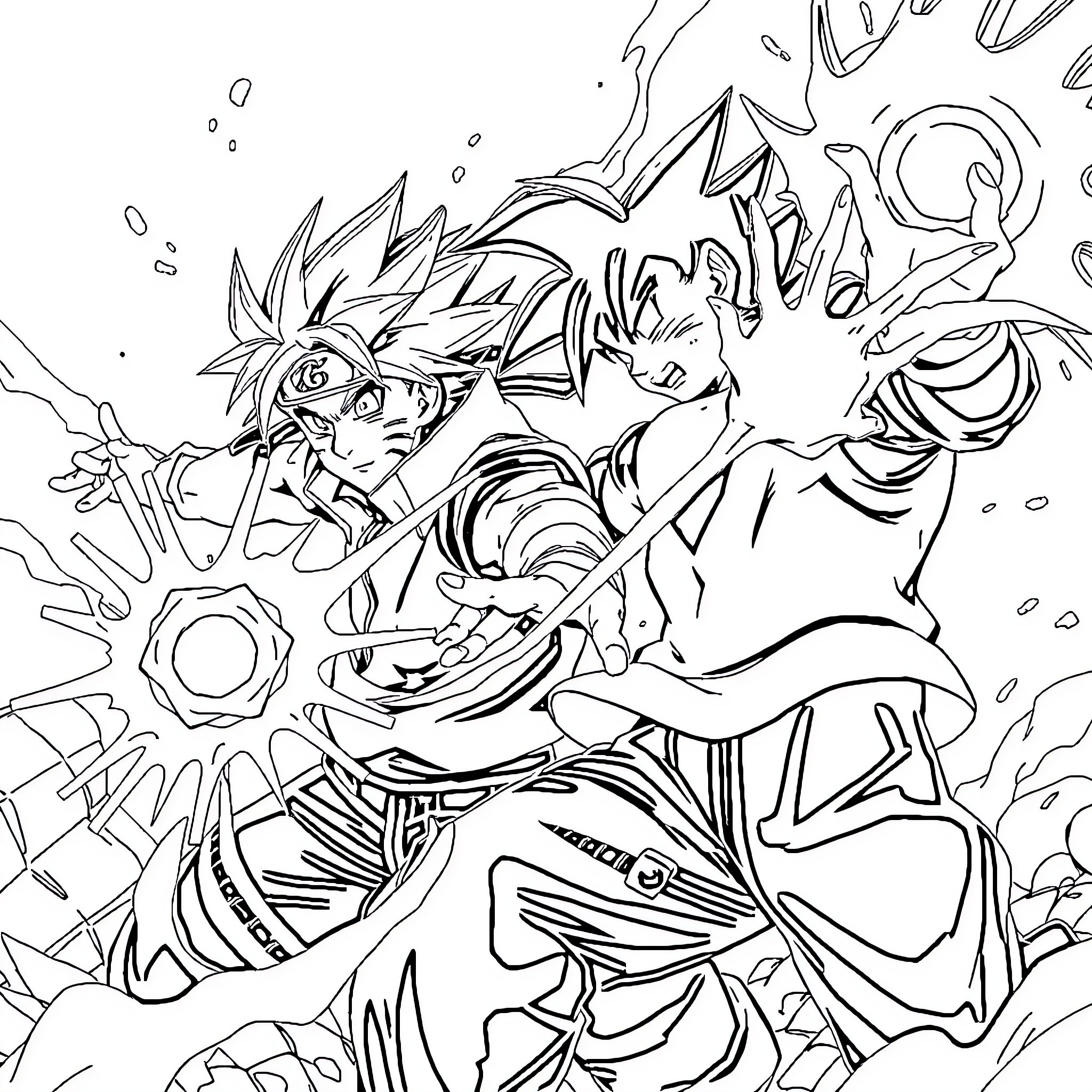 Naruto characters engaged in dynamic action Coloring Page (free black-and-white line drawing printable PDF for all, from beginners to advanced learners, including children, teens, adults, and seniors)