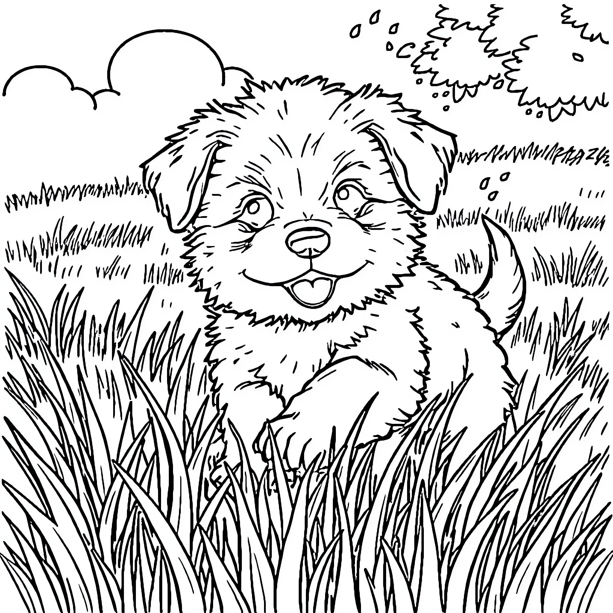Puppy hiding in the tall grass Coloring Page (free black-and-white line drawing printable PDF for all, from beginners to advanced learners, including children, teens, adults, and seniors)