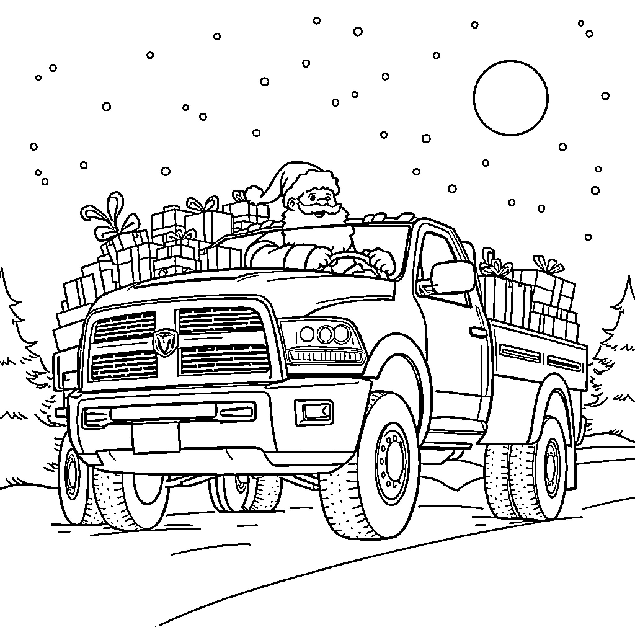 Ram delivering presents in winter truck Coloring Page (free black-and-white line drawing printable PDF for all, from beginners to advanced learners, including children, teens, adults, and seniors)