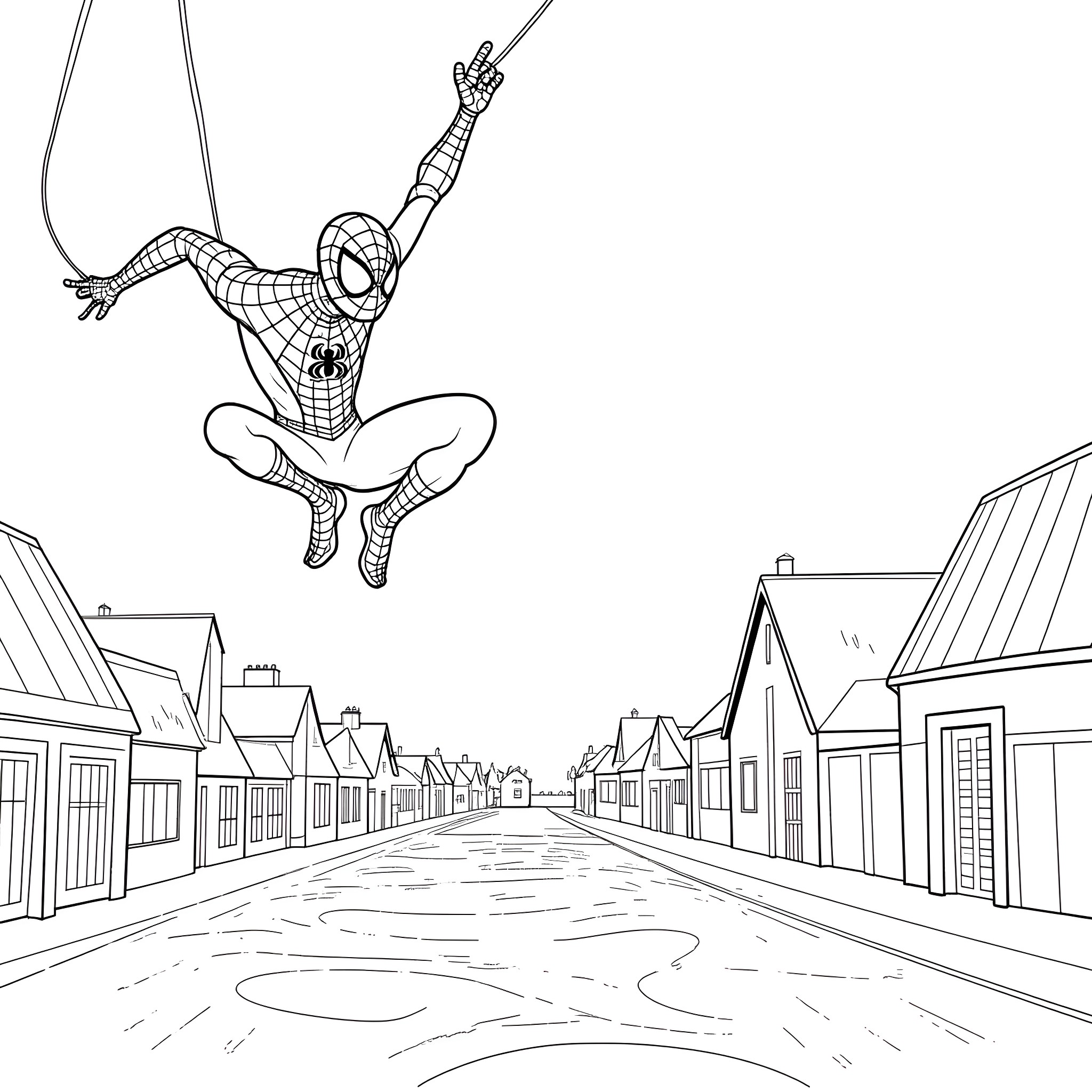 Spiderman swinging through a quaint town Coloring Page (free black-and-white line drawing printable PDF for all, from beginners to advanced learners, including children, teens, adults, and seniors)
