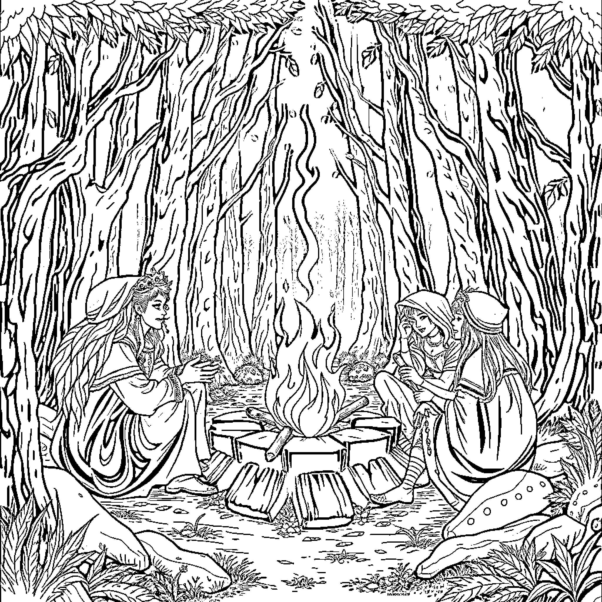 Fantasy People Gather Around Campfire in Enchanted Forest Coloring Page (free black-and-white line drawing printable PDF for all, from beginners to advanced learners, including children, teens, adults, and seniors)