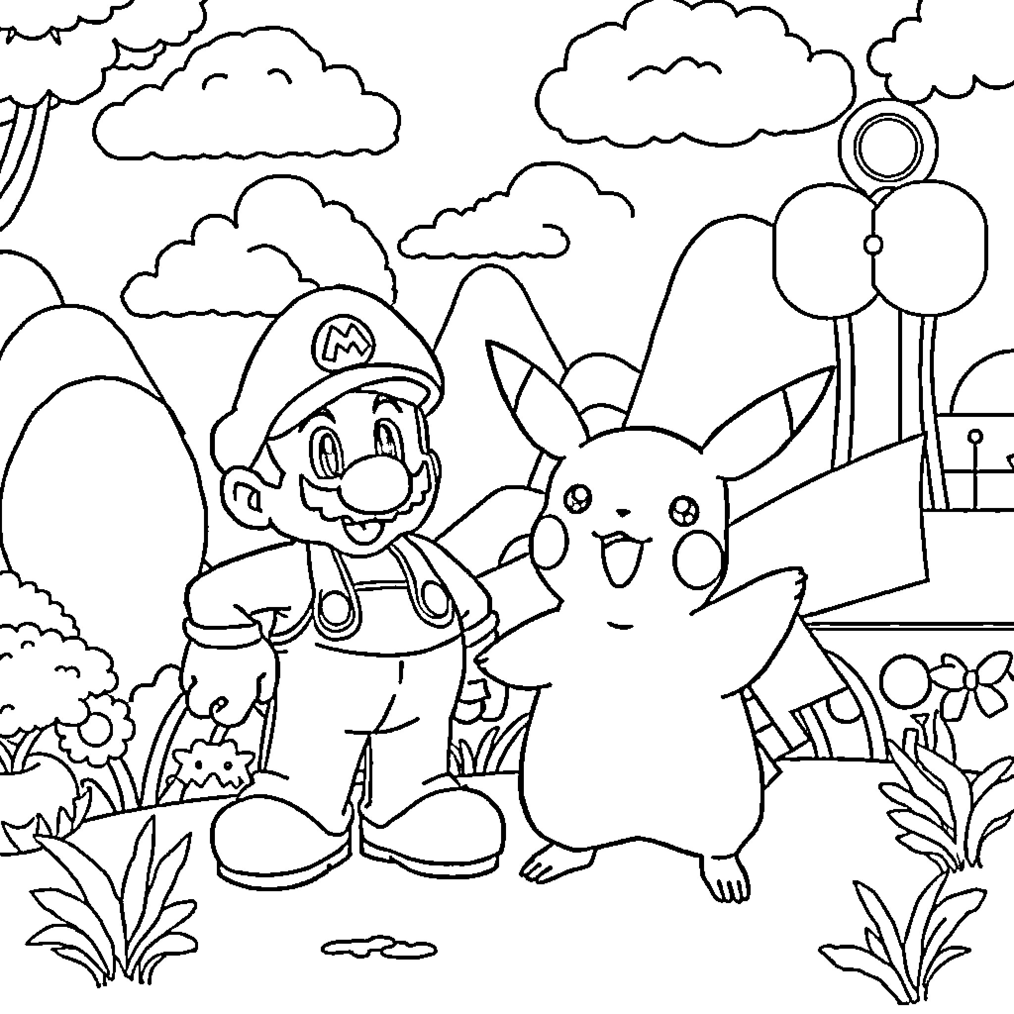 Pikachu playing with Mario in a nature setting Coloring Page (free black-and-white line drawing printable PDF for all, from beginners to advanced learners, including children, teens, adults, and seniors)