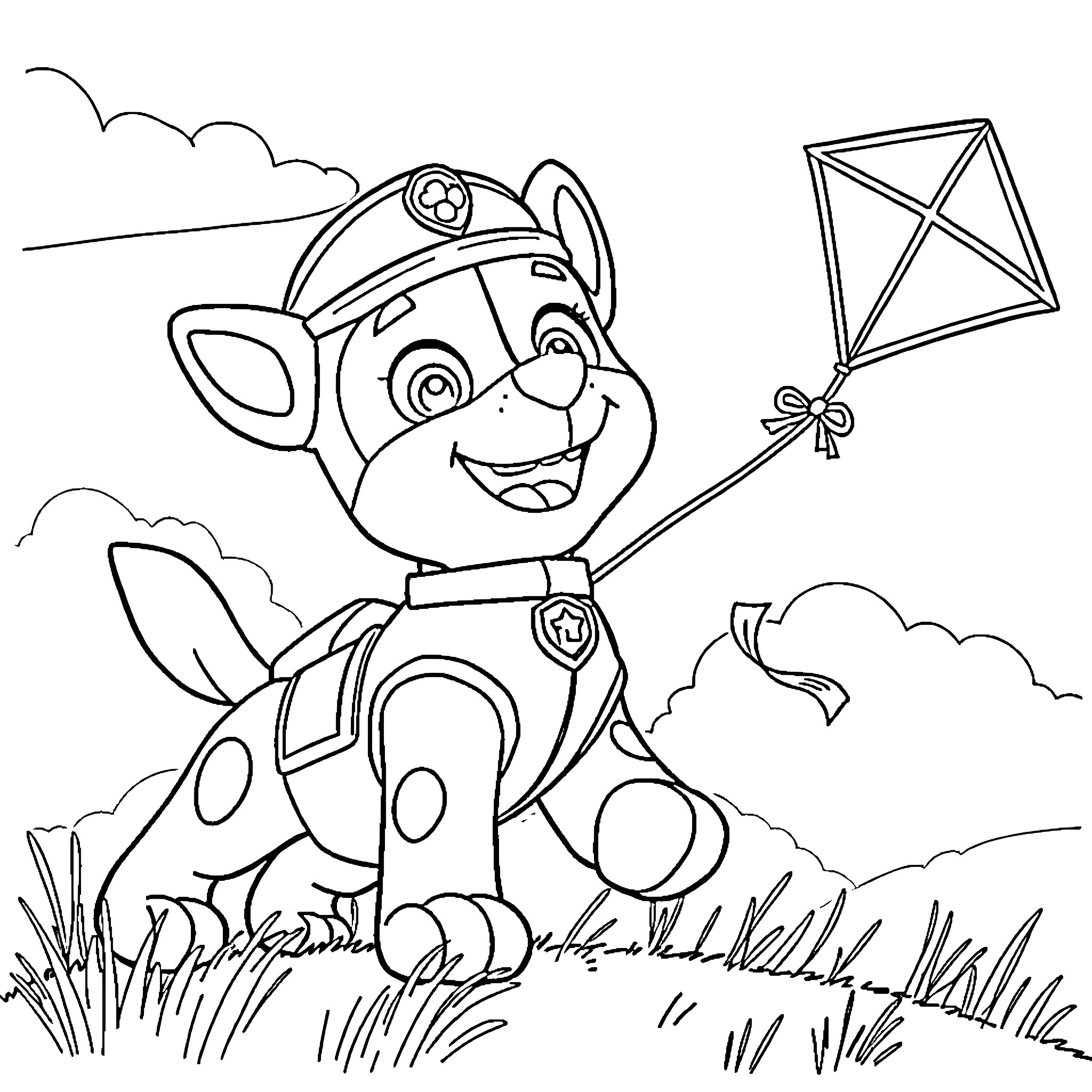 Marshall playing with kite in grassy field Coloring Page (free black-and-white line drawing printable PDF for all, from beginners to advanced learners, including children, teens, adults, and seniors)