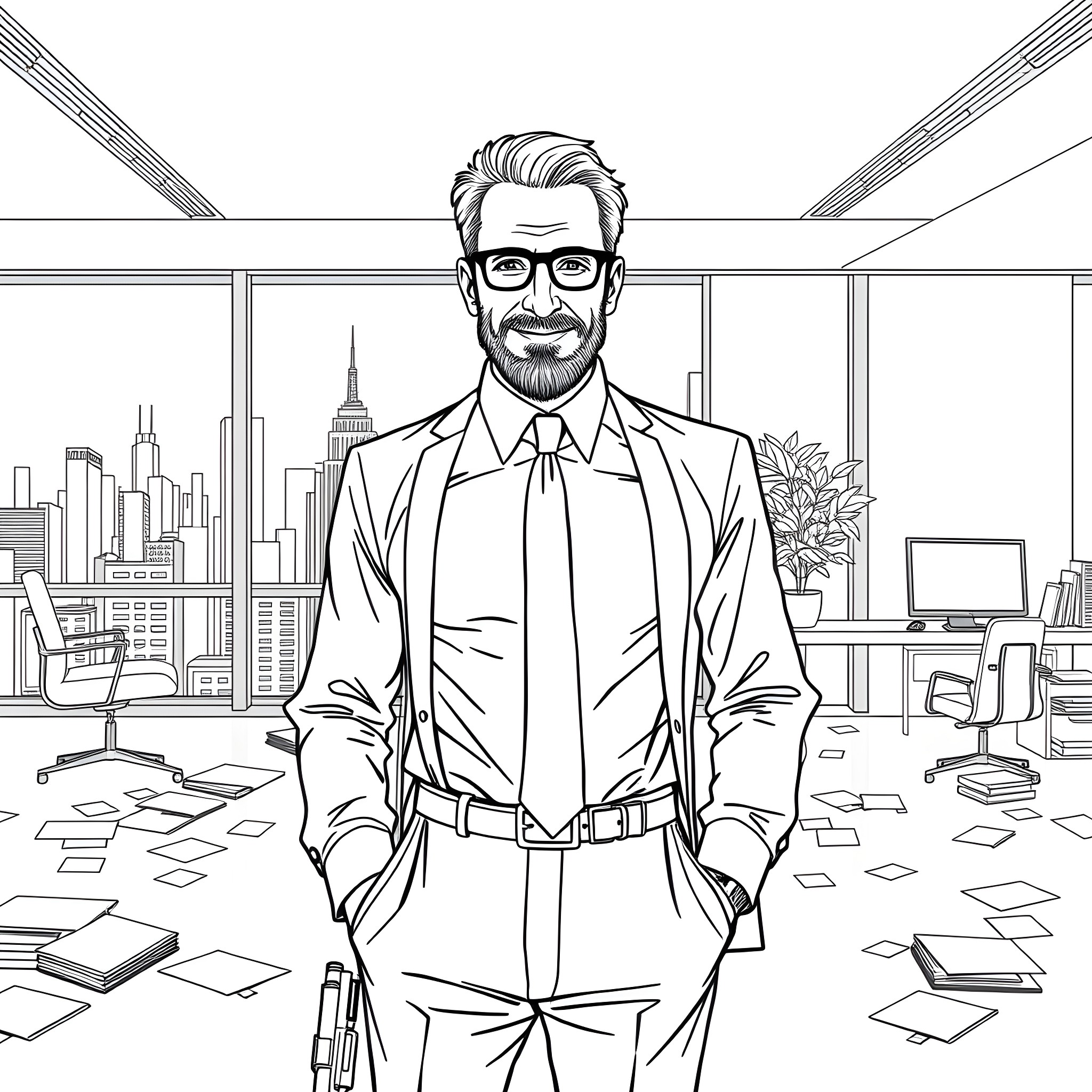 Hans Gruber's Business Acumen: A Suited Executive's Calculated Pose Coloring Page (free black-and-white line drawing printable PDF for all, from beginners to advanced learners, including children, teens, adults, and seniors)