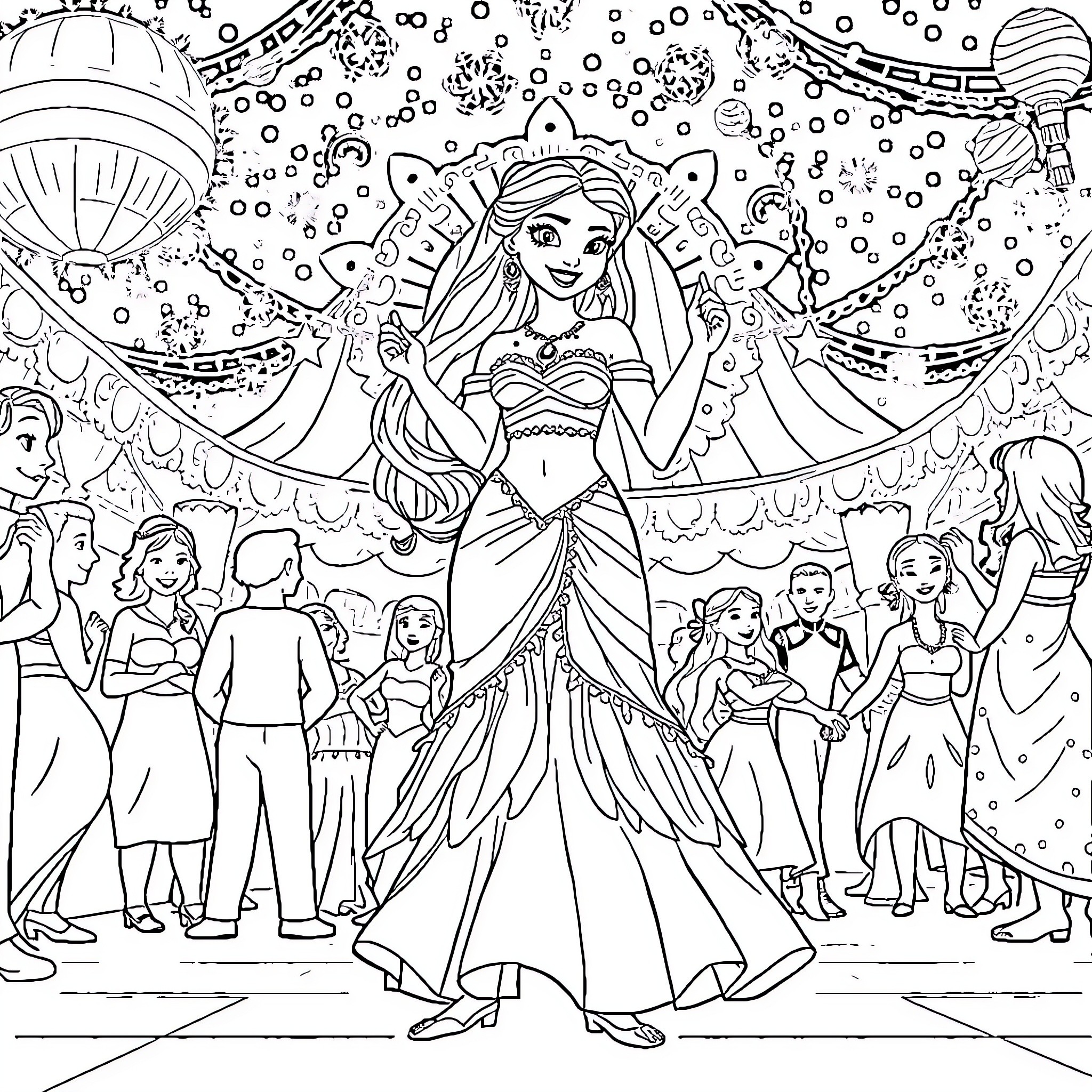 Vaiana's Enchanting Celebration with Friends and Family Coloring Page (free black-and-white line drawing printable PDF for all, from beginners to advanced learners, including children, teens, adults, and seniors)